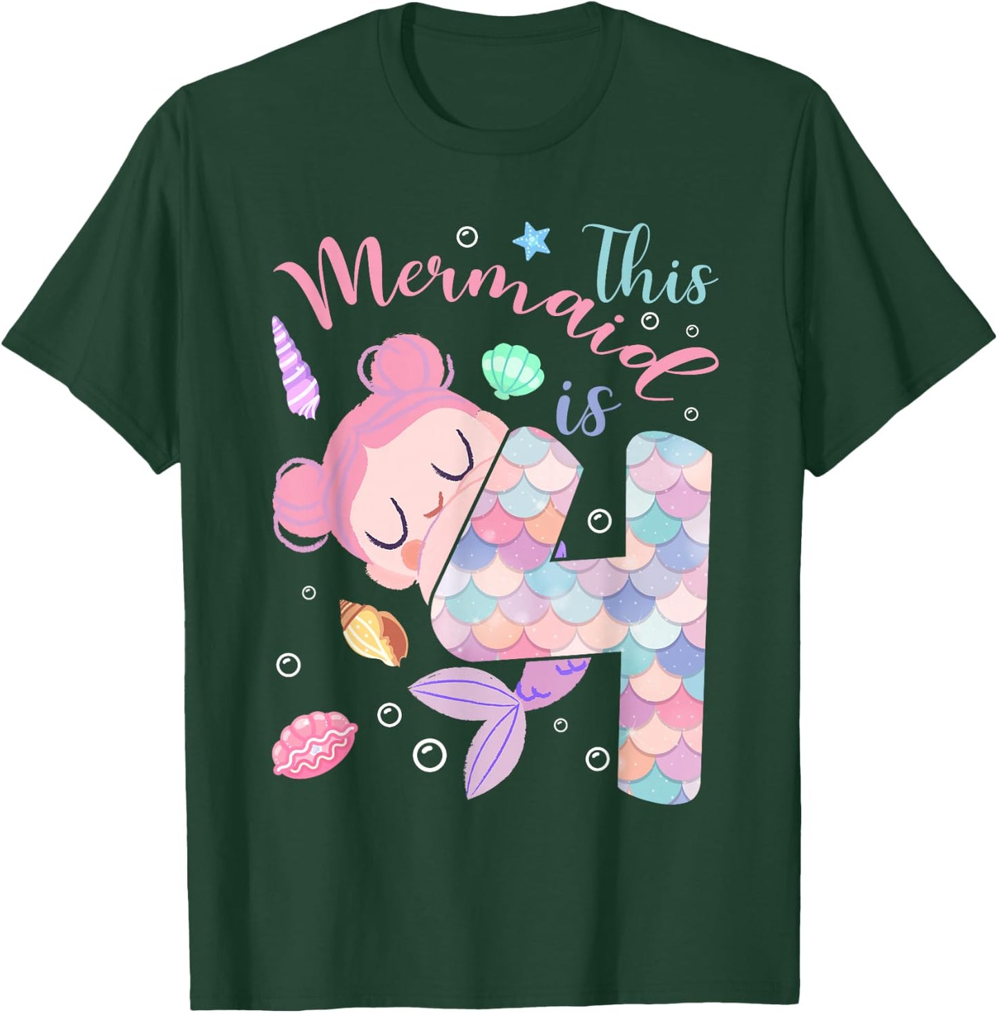 This Mermaid Is 4 Year Old Birthday Kids Girls 4th Birthday T-Shirt - T-Shirt | Forest