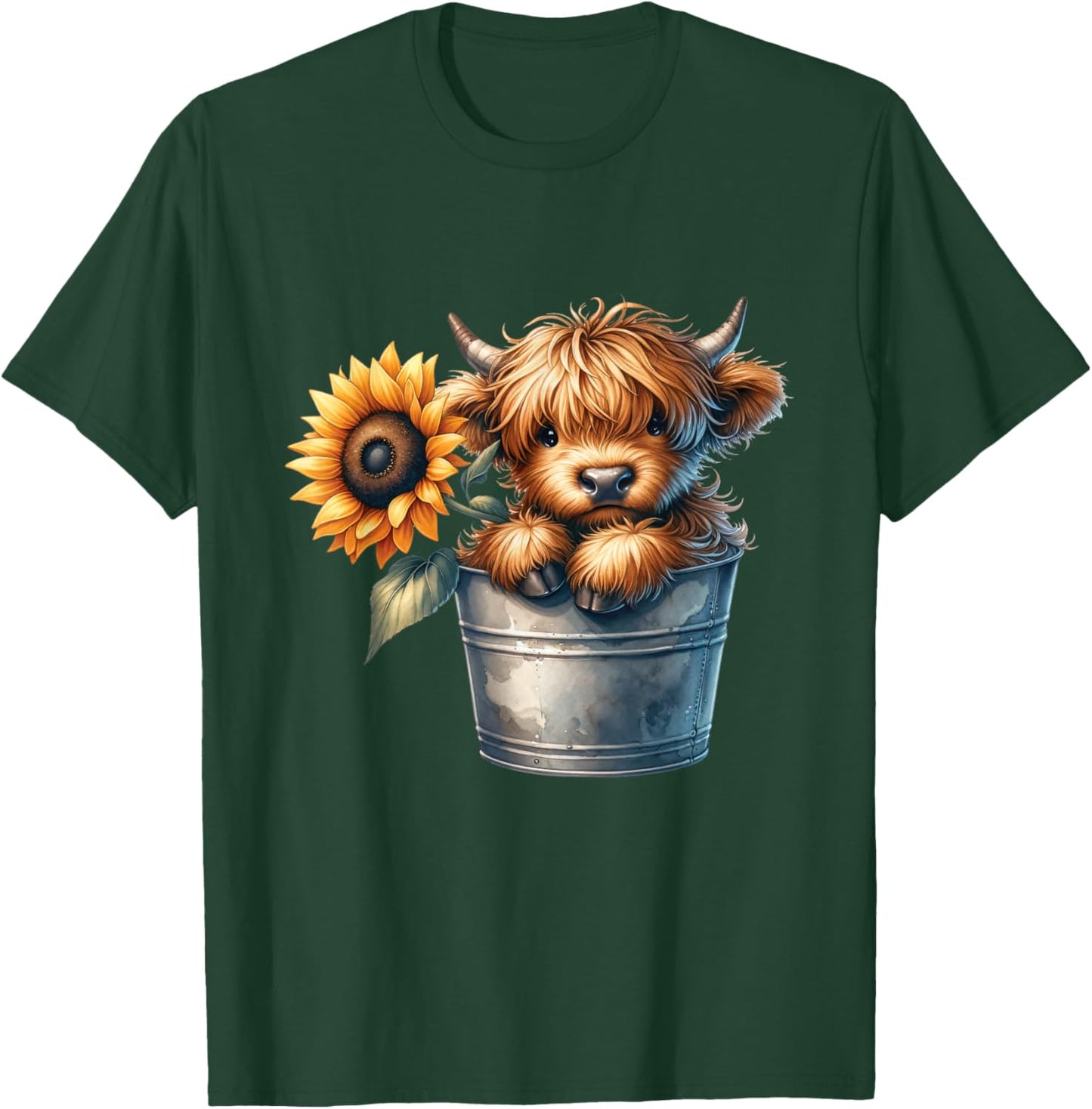 Highland Cow in Bucket, Sunflower Pattern, Floral , Black, S T-Shirt - T-Shirt | Forest