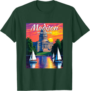 Madison Skyline Wisconsin State Capitol Sailboats Vintage T-Shirt - T-Shirt | Forest