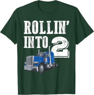 Rollin Into 2 Big Rig Semi Trailer Truck 2nd Birthday T-Shirt - T-Shirt | Forest