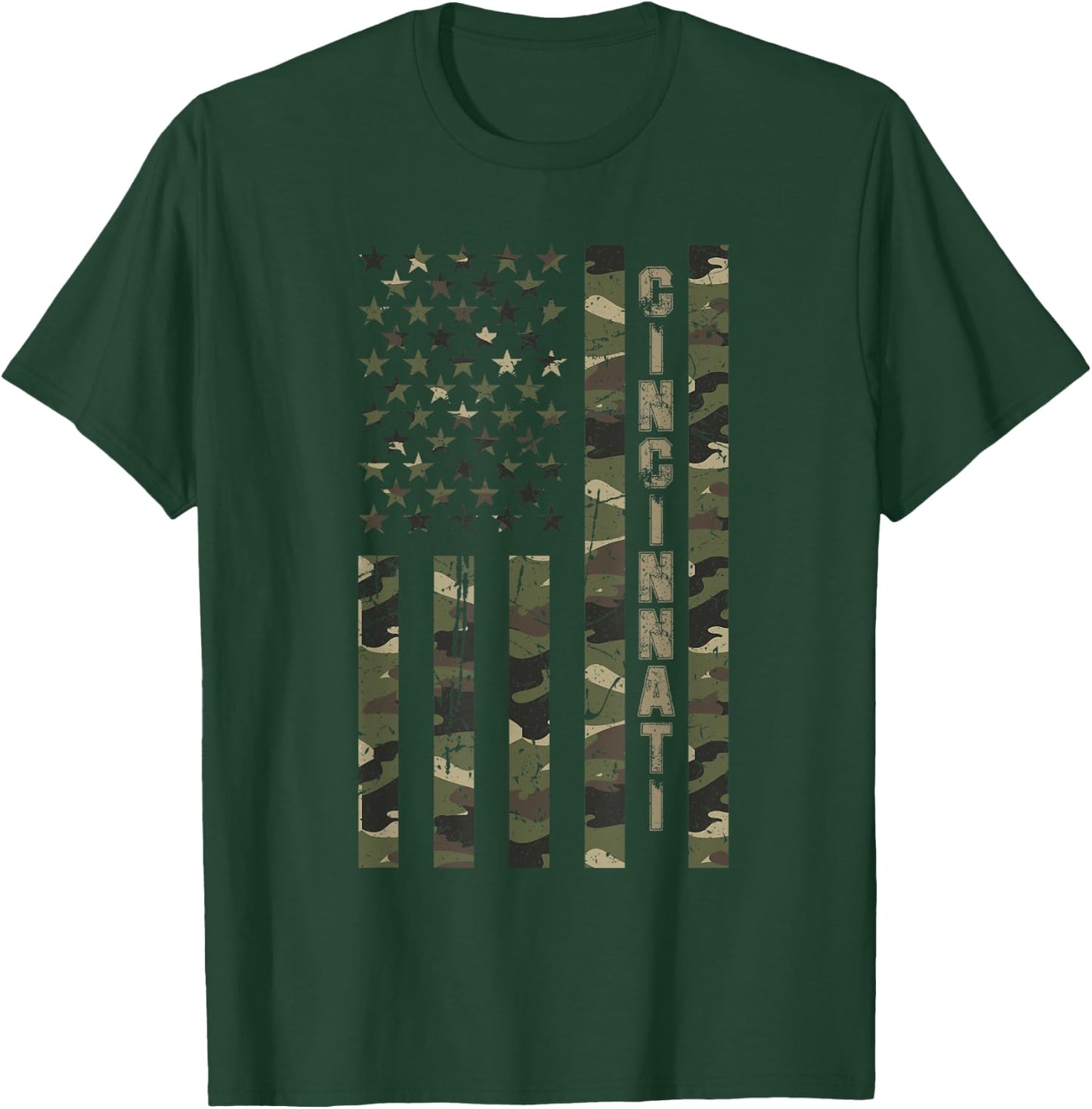 Cincinnati United States Distressed Camo w US Flag T-Shirt - T-Shirt | Forest