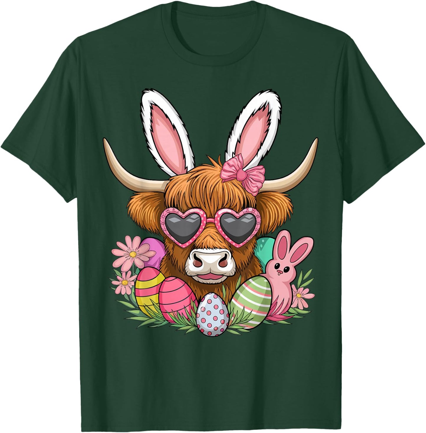 Easter Bunny Highland Cow Farmer Women Girls Easter Day T-Shirt - T-Shirt | Forest