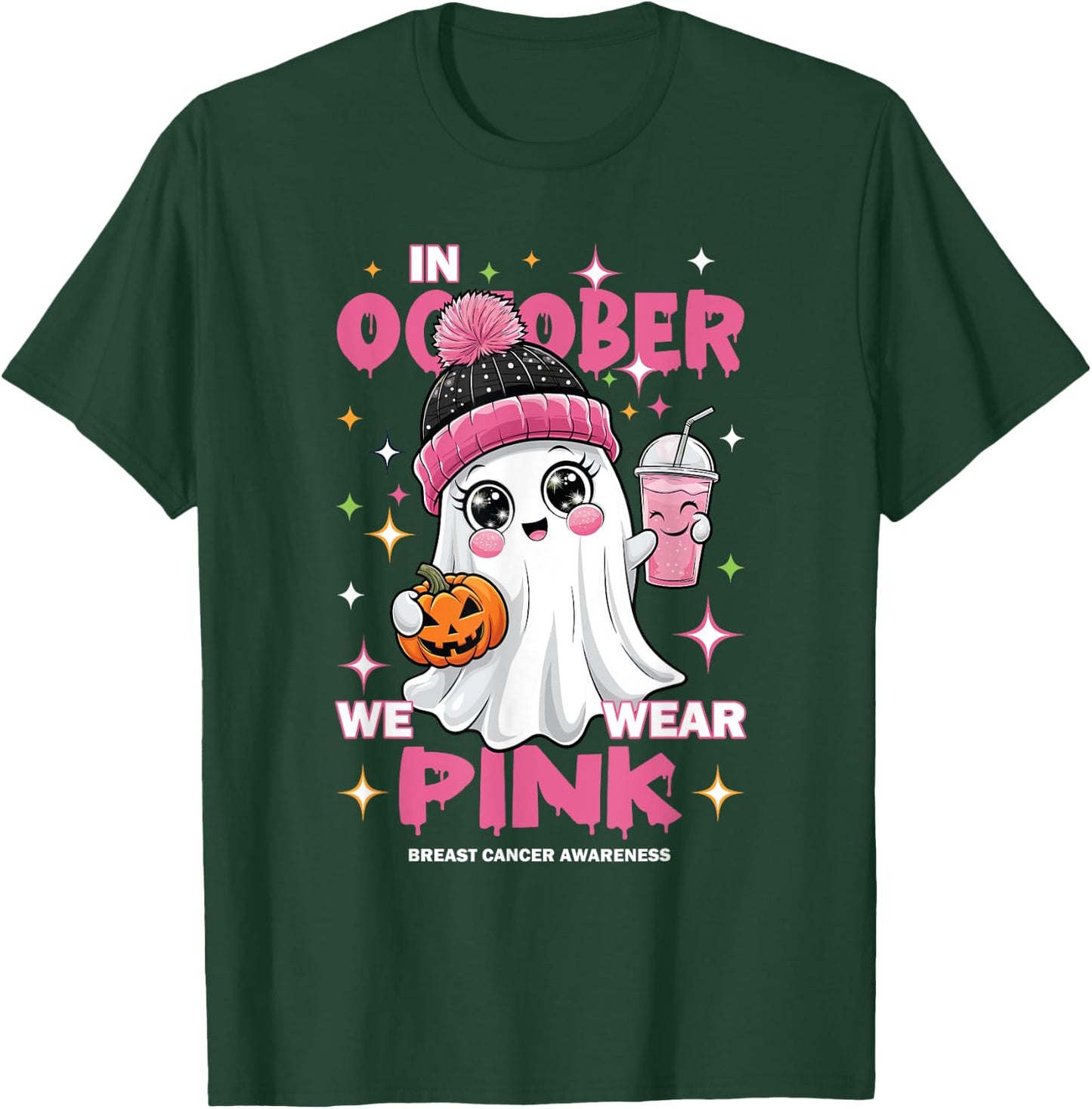 Pink October Halloween Ghost Breast Cancer Awareness T-Shirt - T-Shirt | Forest