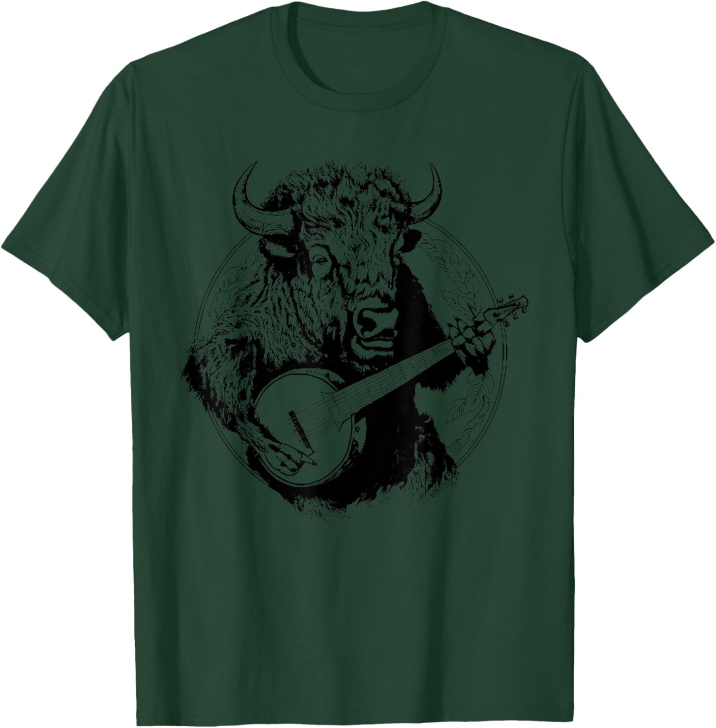 Buffalo Retro Bison Animal Playing Banjo Music Graphic T-Shirt - T-Shirt | Forest