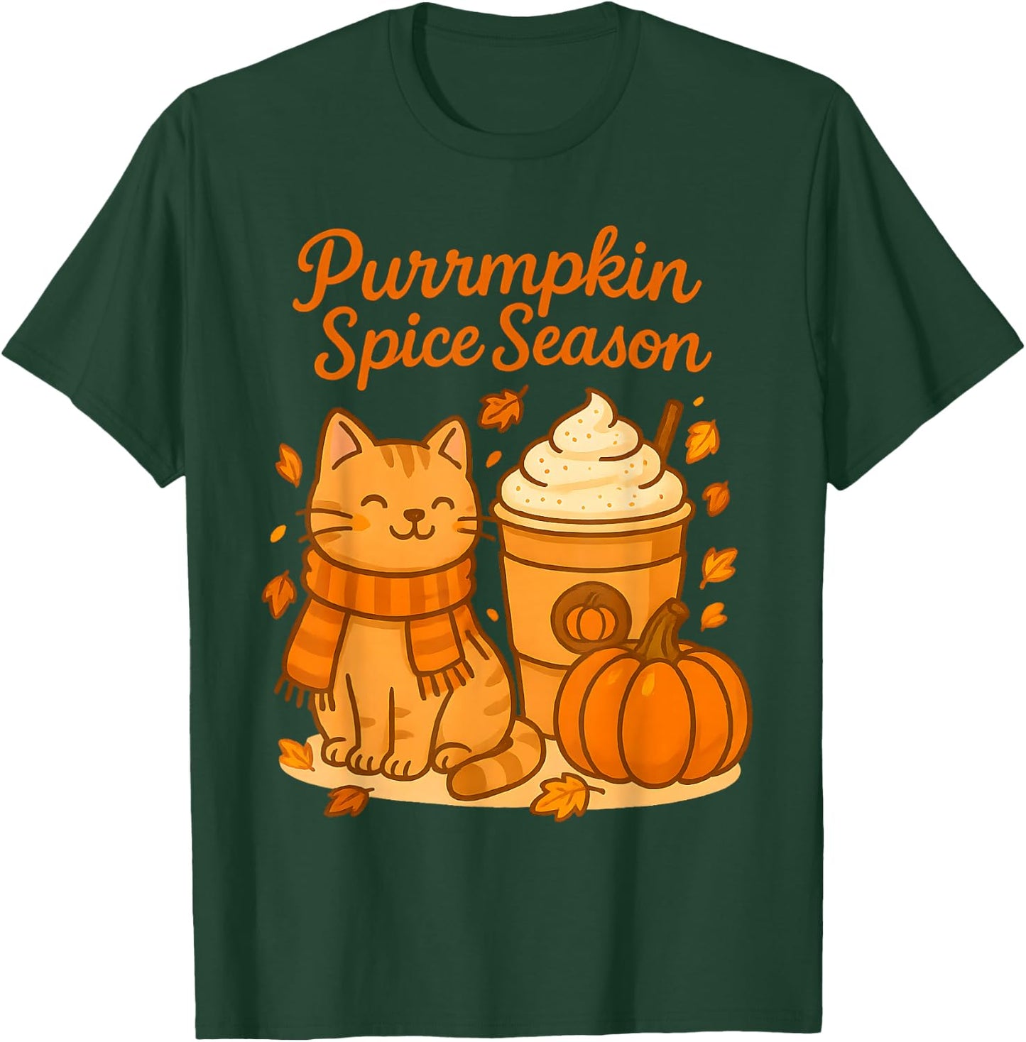 Cute Fall Cat Scarf Pumpkin Latte Purrmpkin Spice Season Pun T-Shirt - T-Shirt | Forest