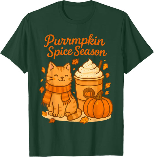 Cute Fall Cat Scarf Pumpkin Latte Purrmpkin Spice Season Pun T-Shirt - T-Shirt | Forest