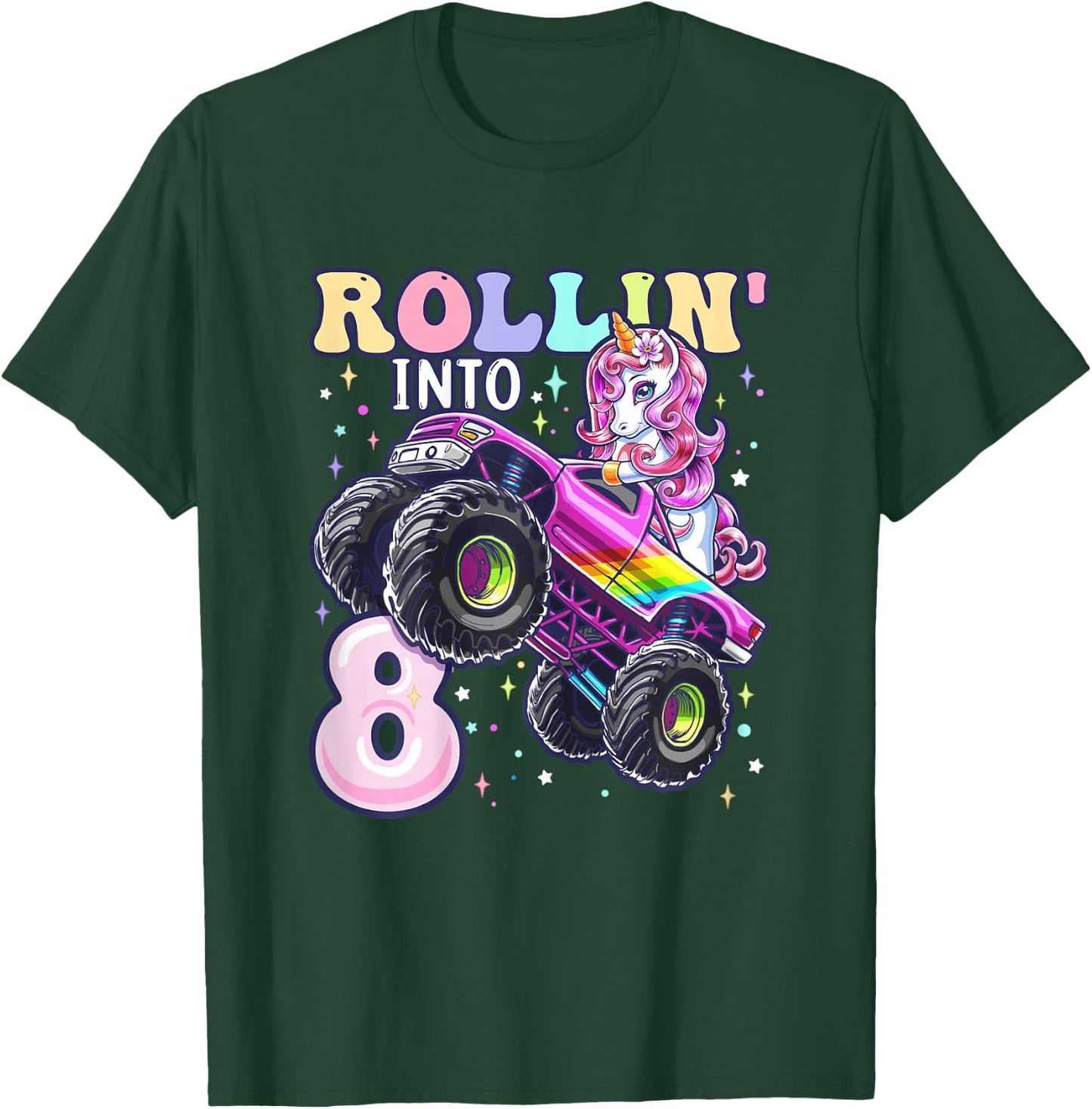 Unicorn Monster Truck 8th Birthday 8 Year Old Girls Party T-Shirt - T-Shirt | Forest