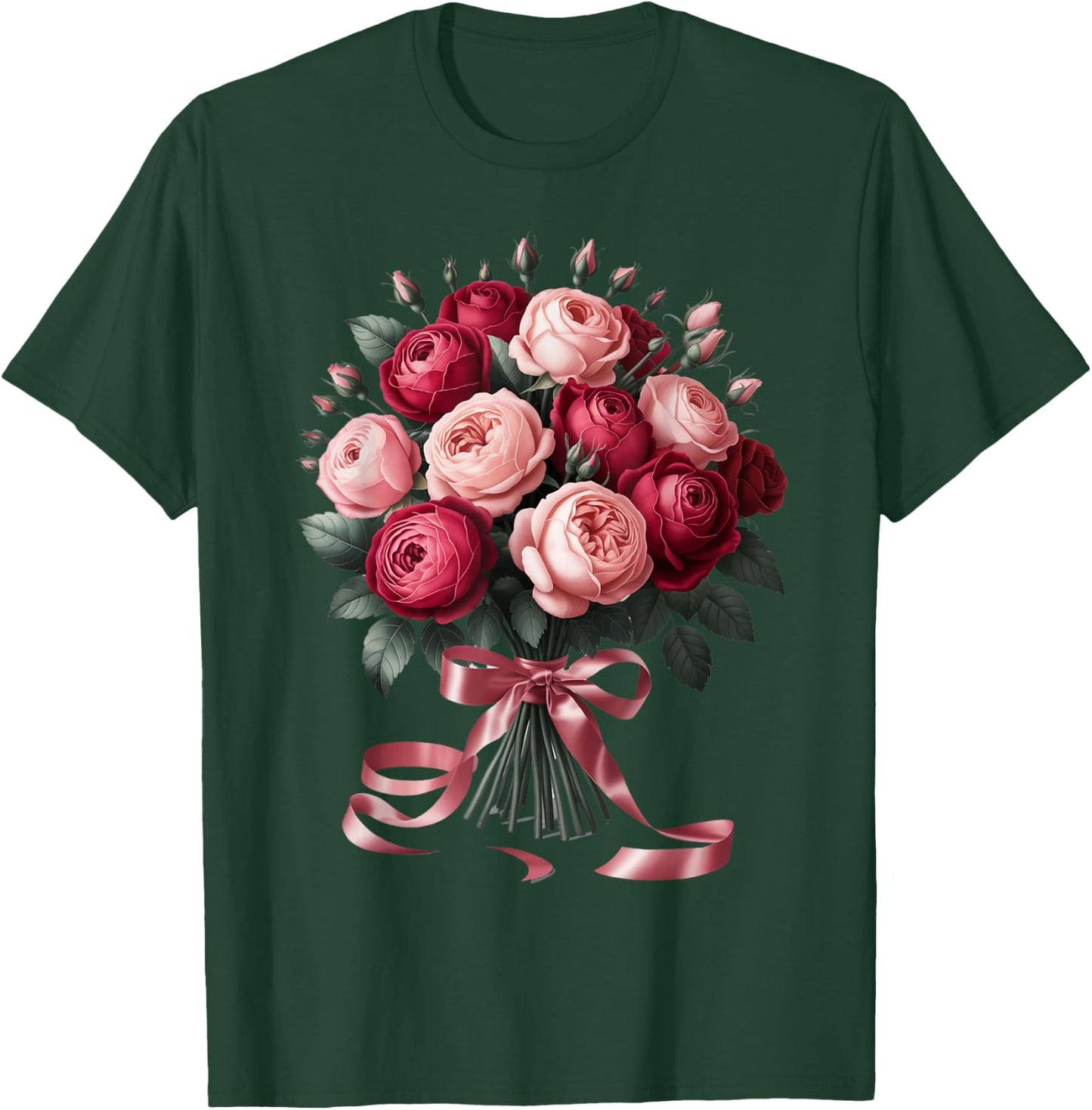 Blushing Rose Bouquet with Delicate Pink Ribbon T-Shirt - T-Shirt | Forest
