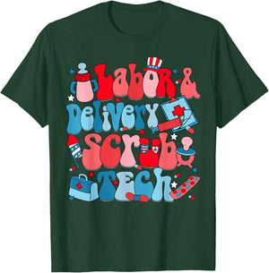 Labor & Delivery Scrub Tech Independence Day L & D Nurse T-Shirt - T-Shirt | Forest