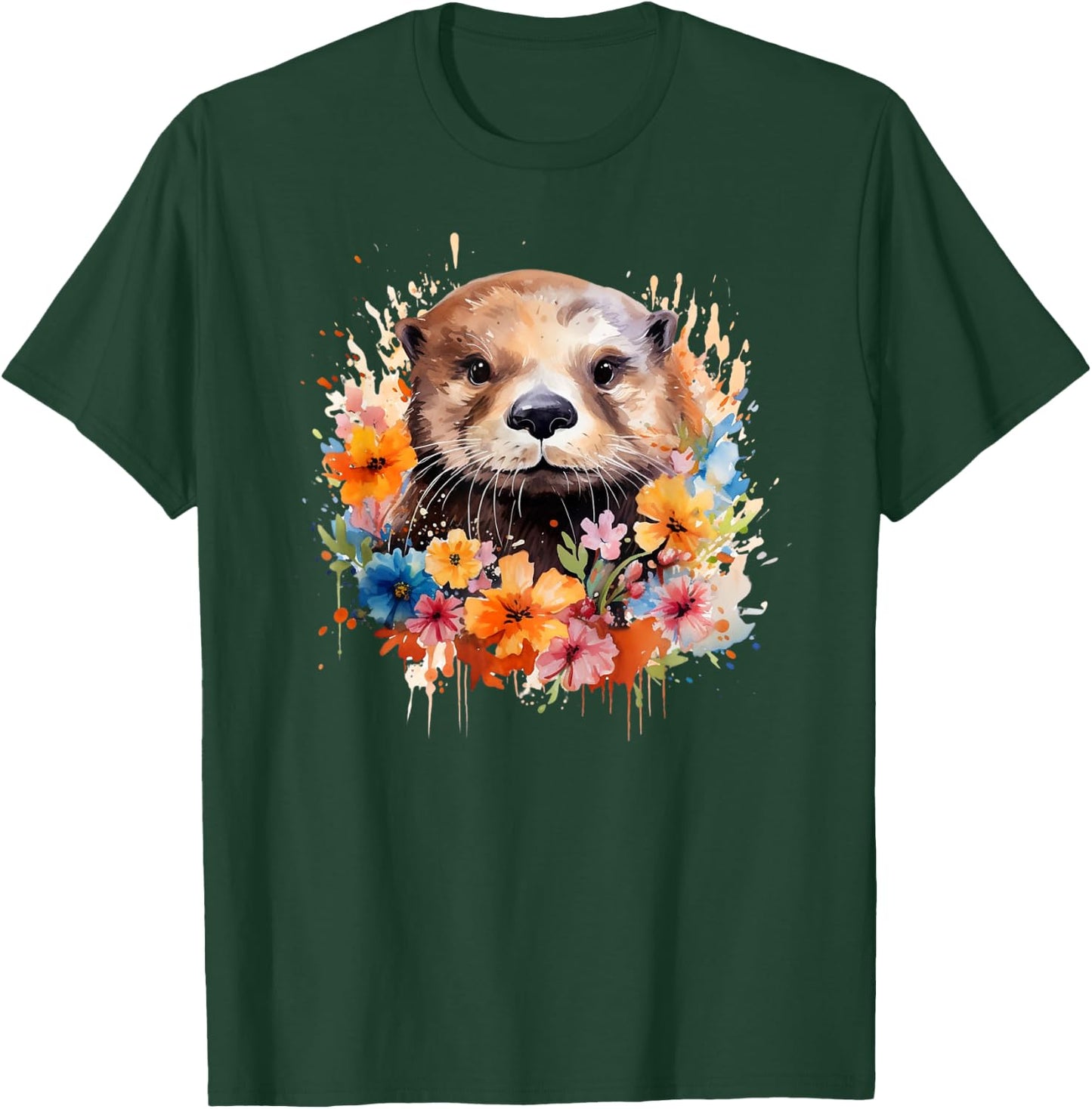 Floral Otter Face Watercolor Painting Sea Otter Portrait T-Shirt - T-Shirt | Forest