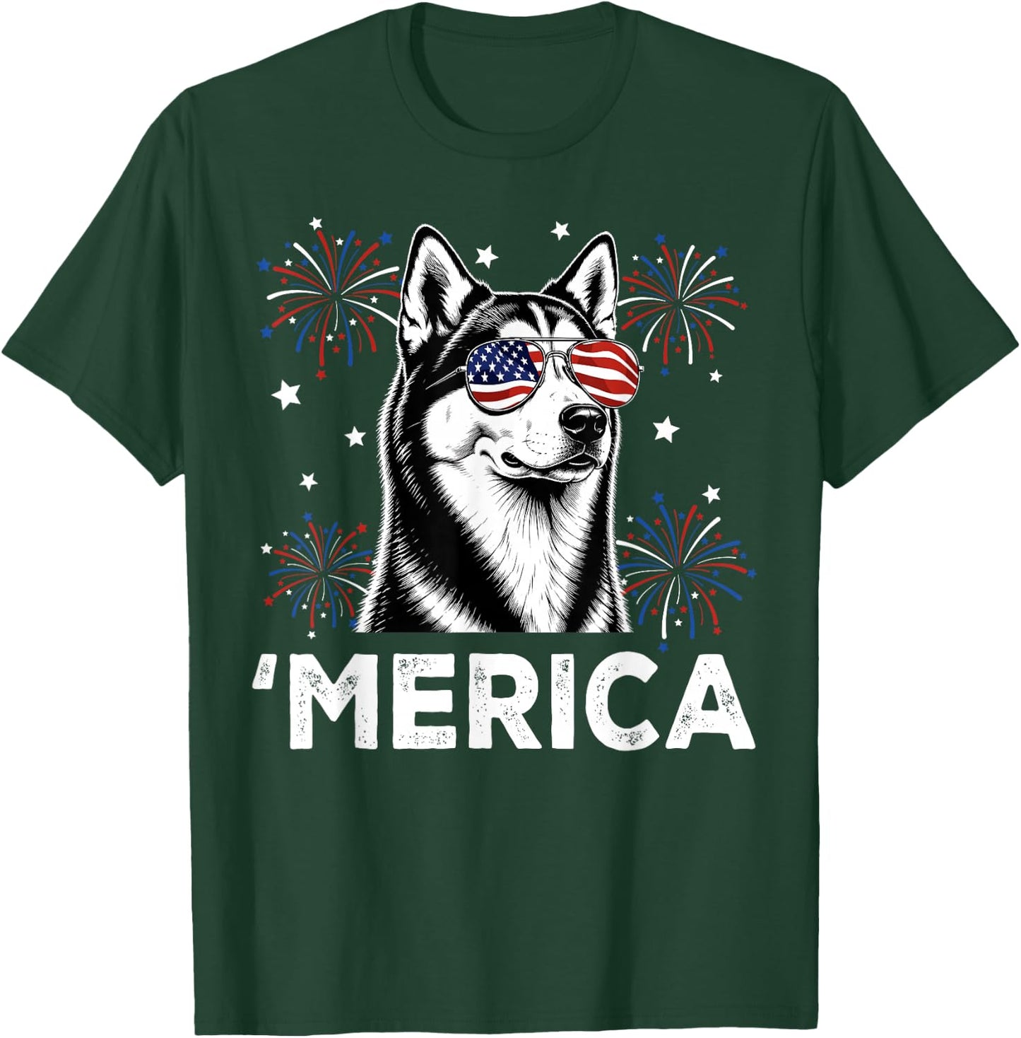 Siberian Husky Dog 'Merica Patriotic 4th of July USA Flag T-Shirt - T-Shirt | Forest