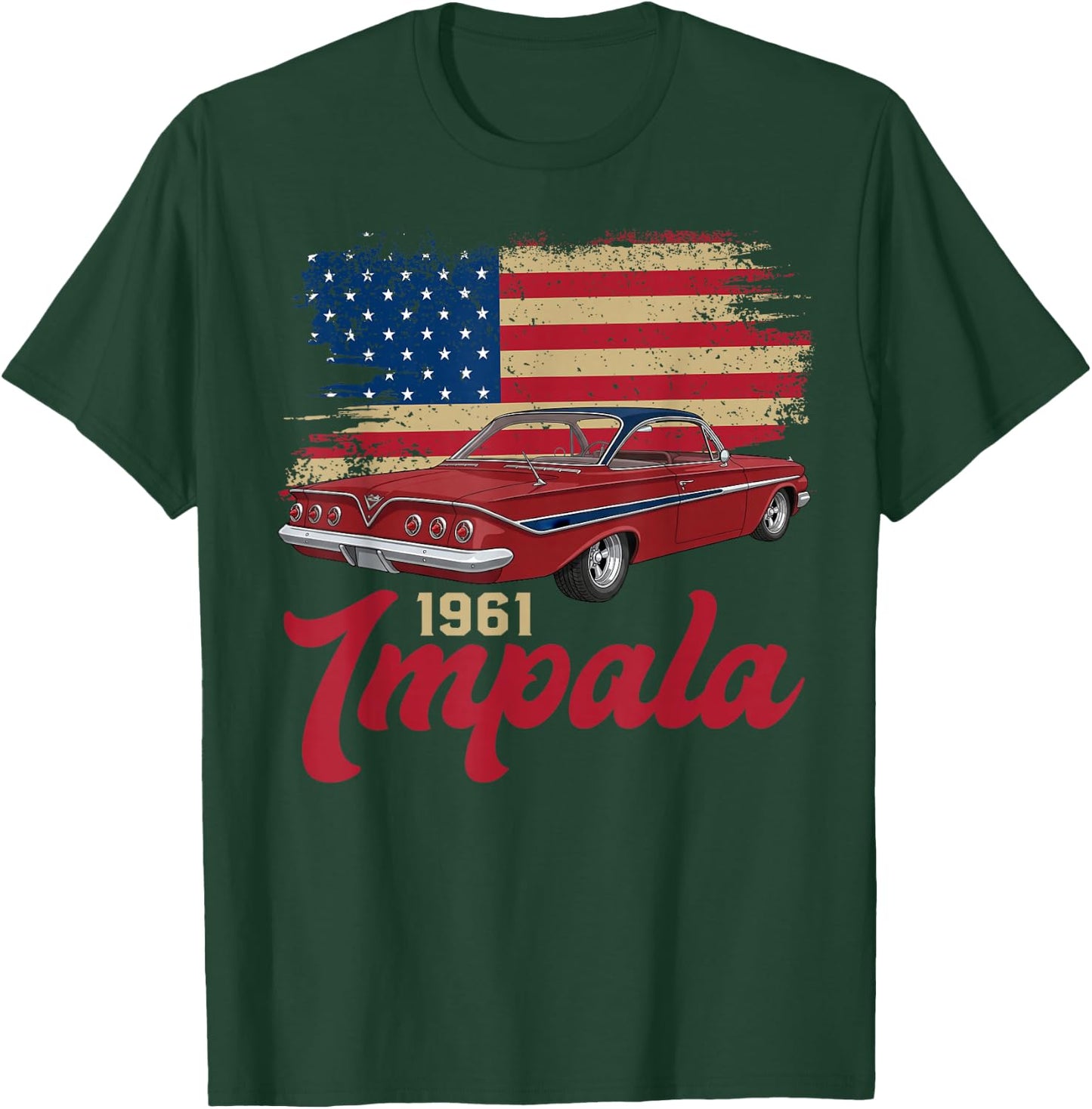 1961 61 Impala Old School Muscle Car American Flag T-Shirt - T-Shirt | Forest