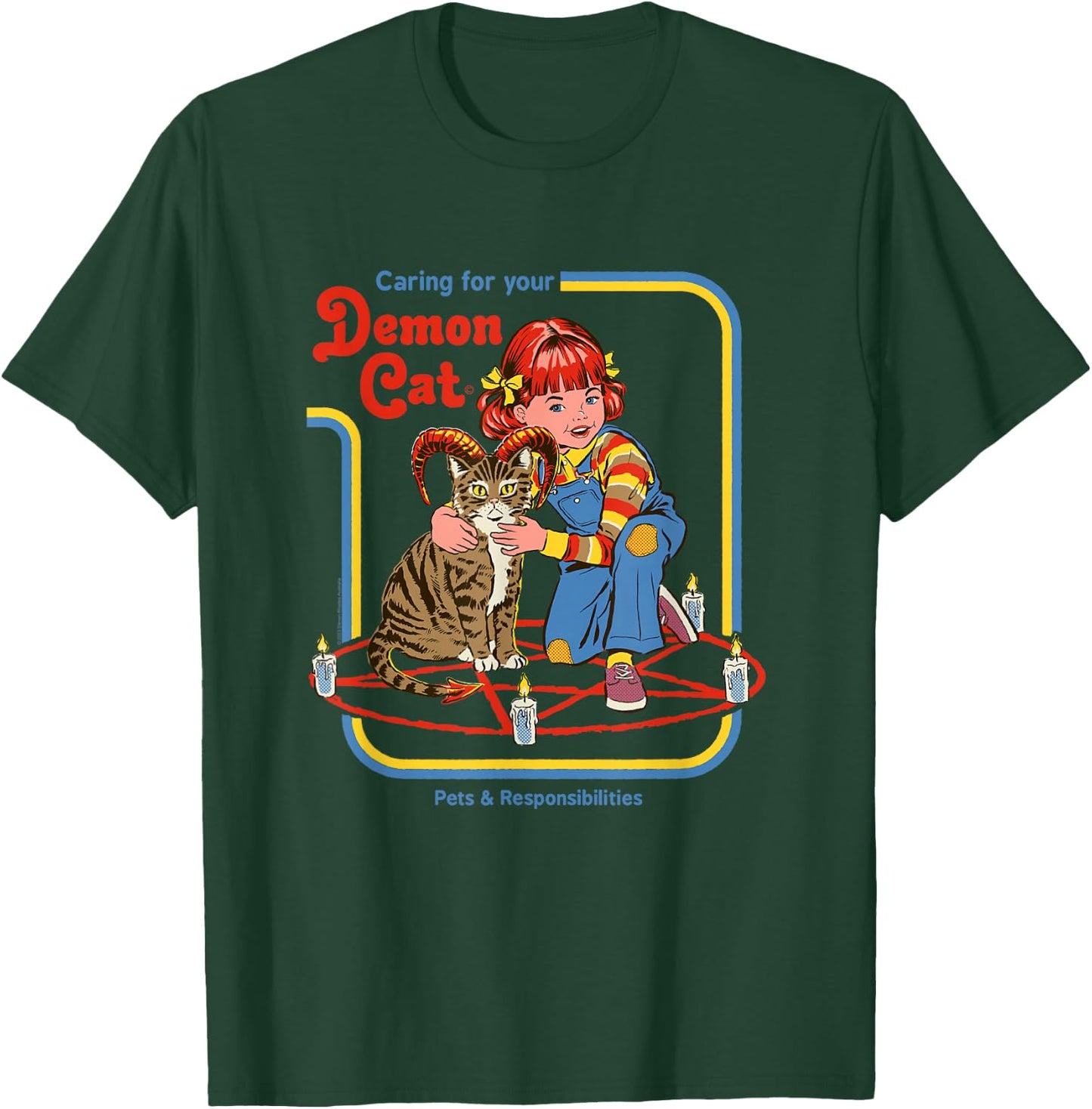 Steven Rhodes Caring for Your Demon Cat Retro Dark Humor T-Shirt - T-Shirt | Forest