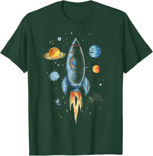 Distressed Rocket Ship And Planets T-Shirt - T-Shirt | Forest