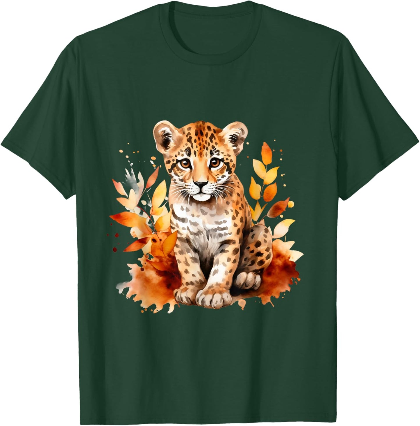 Cheetah Cub Spot Cat Autumn Baby Leopard Safari Watercolor T-Shirt - T-Shirt | Forest