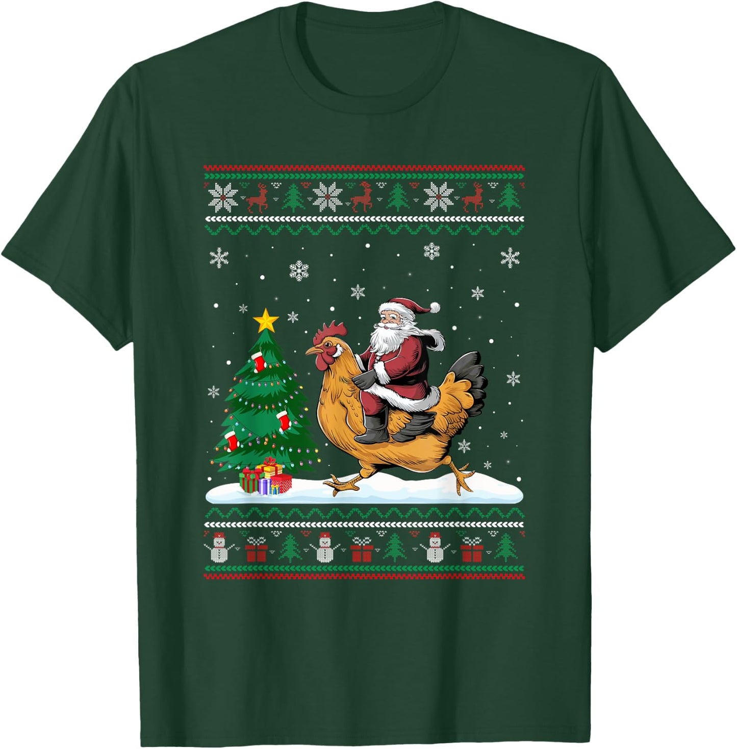 Ugly Christmas Tree Lights Xmas Santa Riding Chicken T-Shirt - T-Shirt | Forest