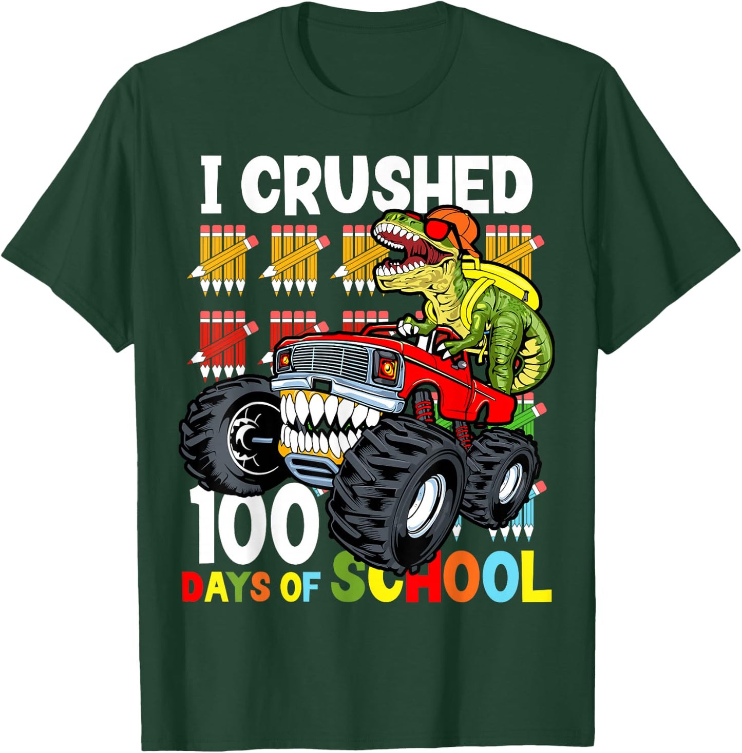 I Crushed 100 Days of School Dinosaur Monster Truck Boys T-Shirt - T-Shirt | Forest