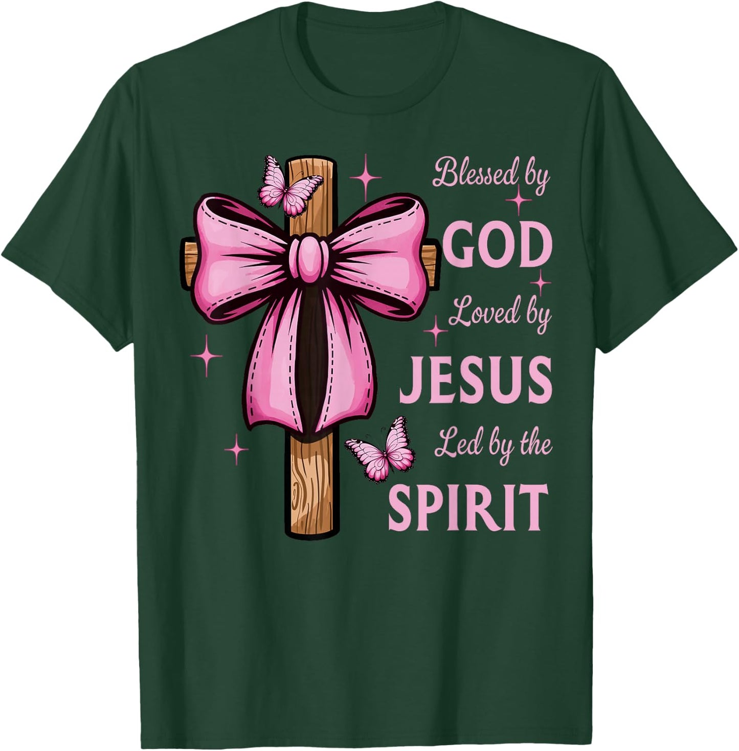 Blessed by God Loved by Jesus Pink Coquette Bow And Cross T-Shirt - T-Shirt | Forest