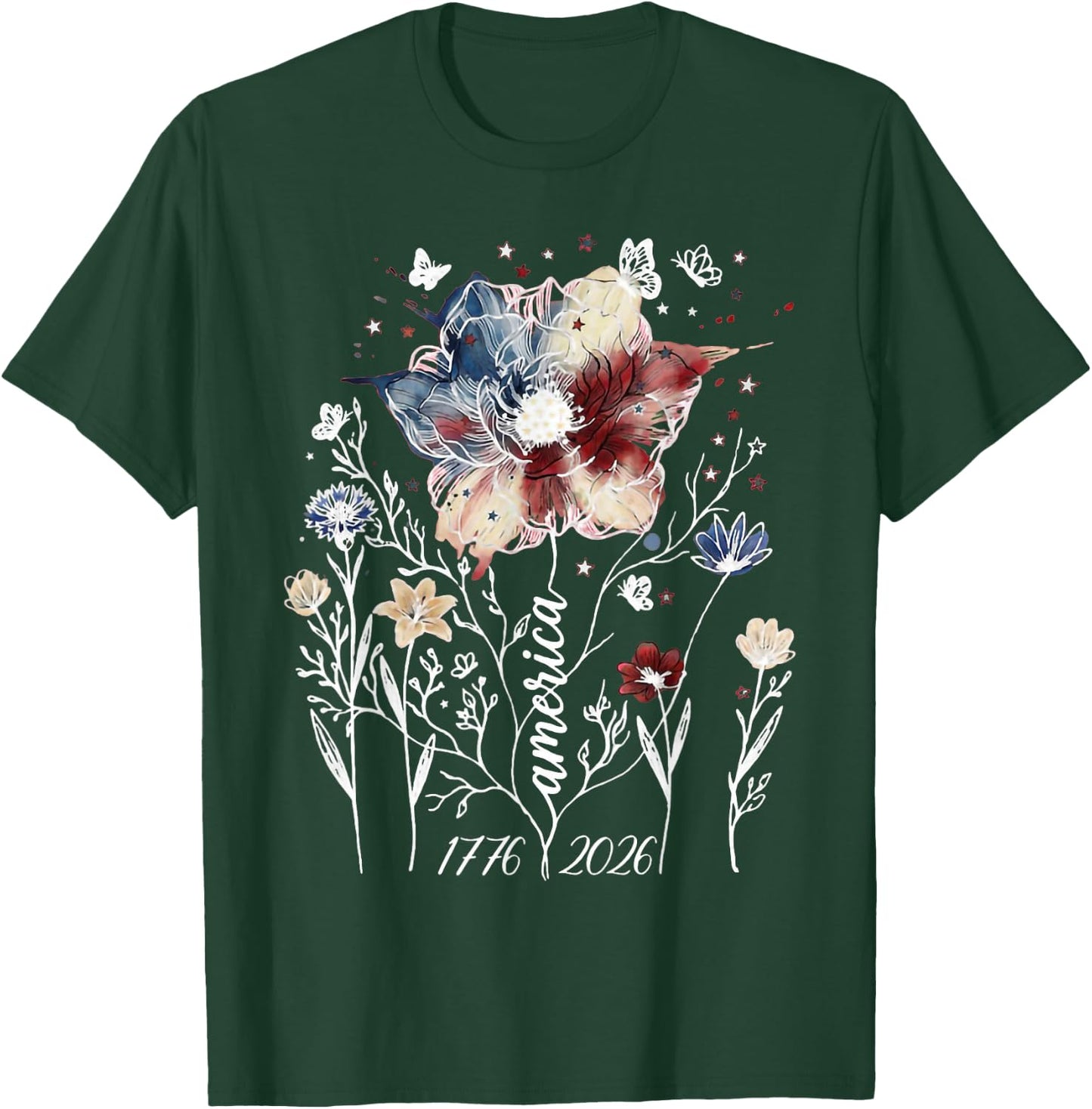 Vintage Americana Wildflower Floral 1776 2026 Patriotic T-Shirt - T-Shirt | Forest