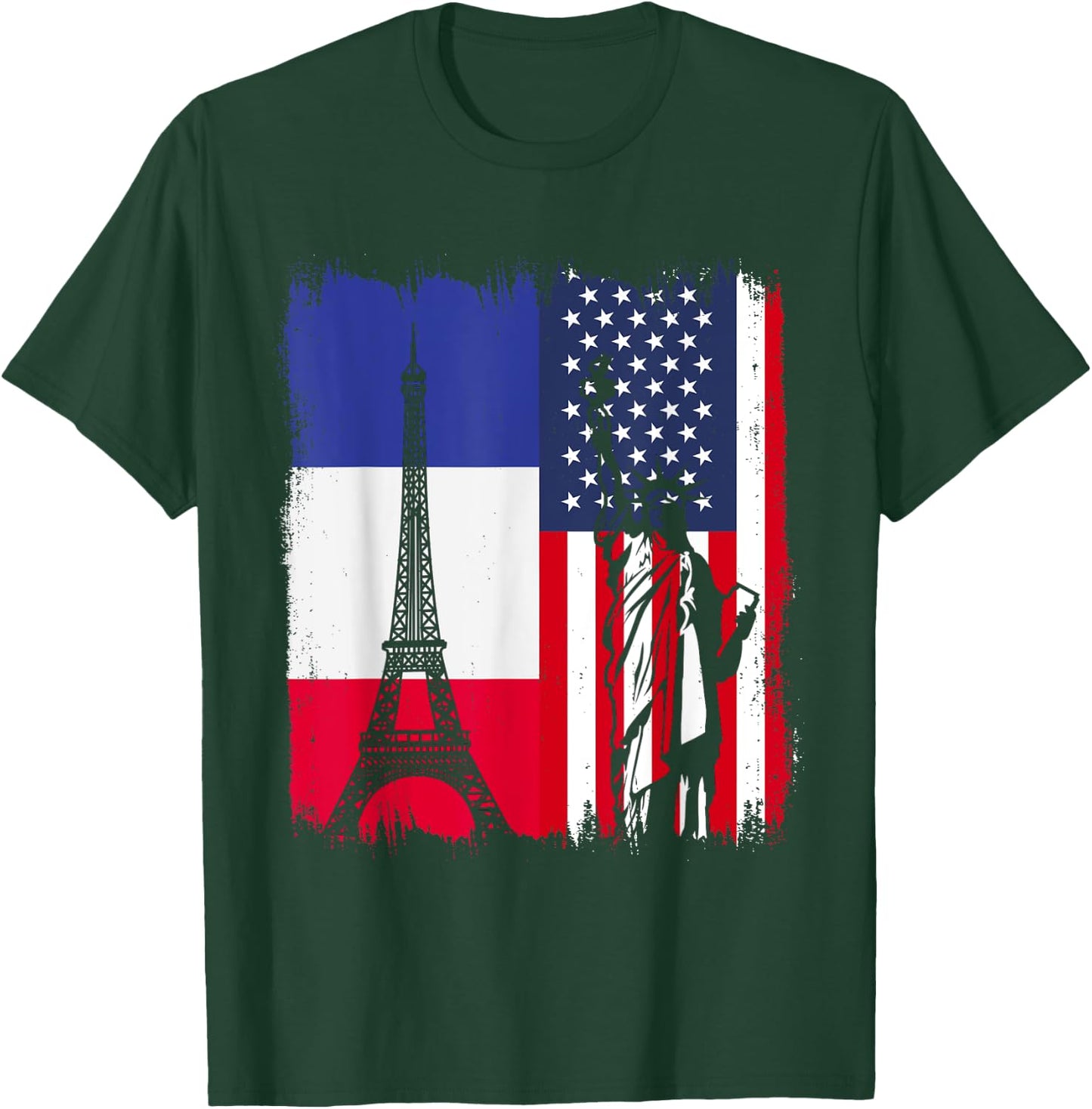 France Eiffel Tower Flag America Statue of Liberty , Black, S T-Shirt - T-Shirt | Forest