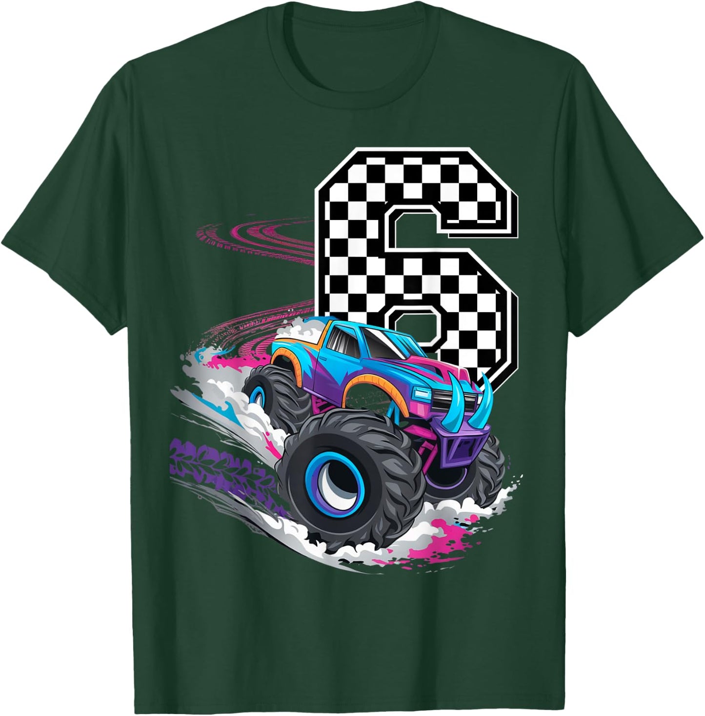 6th Birthday Monster Truck Boys 6 Six racing car flag Kids T-Shirt - T-Shirt | Forest