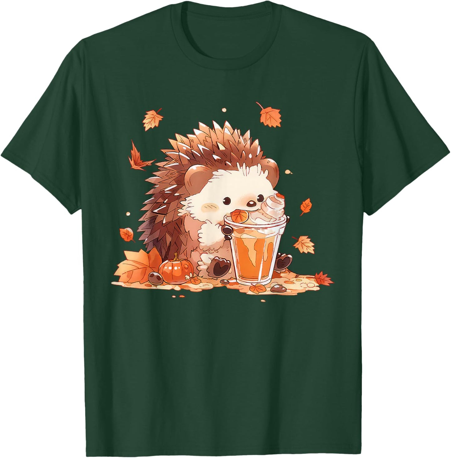 Cute Hedgehog Drinking Coffee Latte Fall Autumn Thanksgiving T-Shirt - T-Shirt | Forest