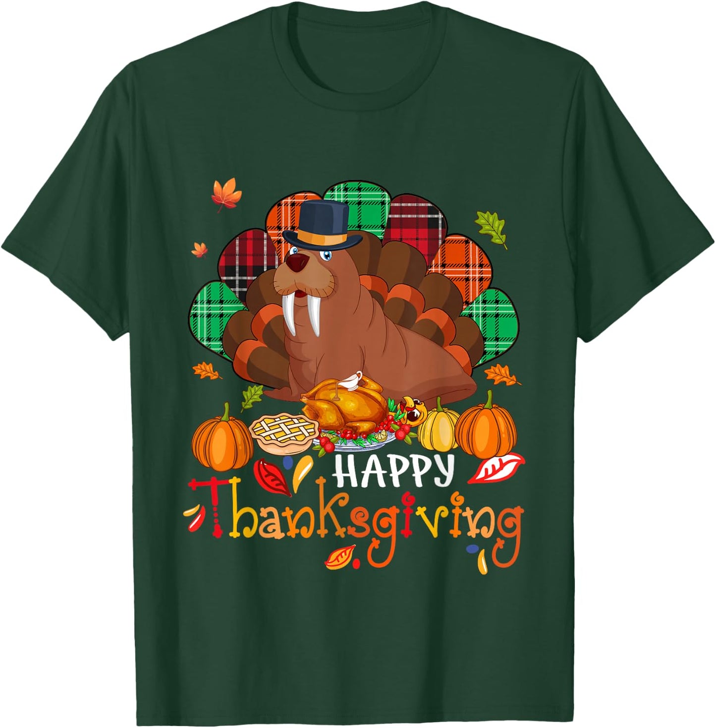 Happy Thanksgiving Cute Walrus Cosplay Turkey With Dinner T-Shirt - T-Shirt | Forest