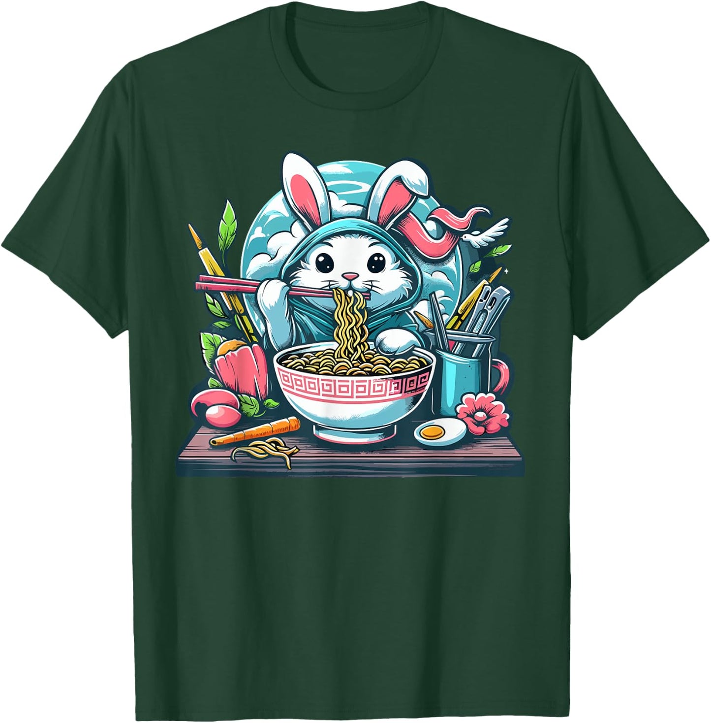 Easter Bunny Anime Eating Ramen Noodles Kawaii Rabbit T-Shirt - T-Shirt | Forest