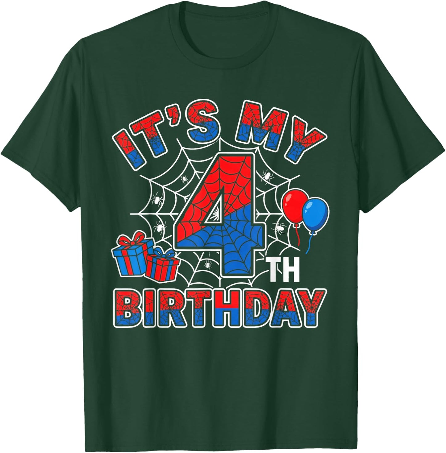 Its My 4th Birthday Boy 4 Year Old Spider Web Birthday Party T-Shirt - T-Shirt | Forest
