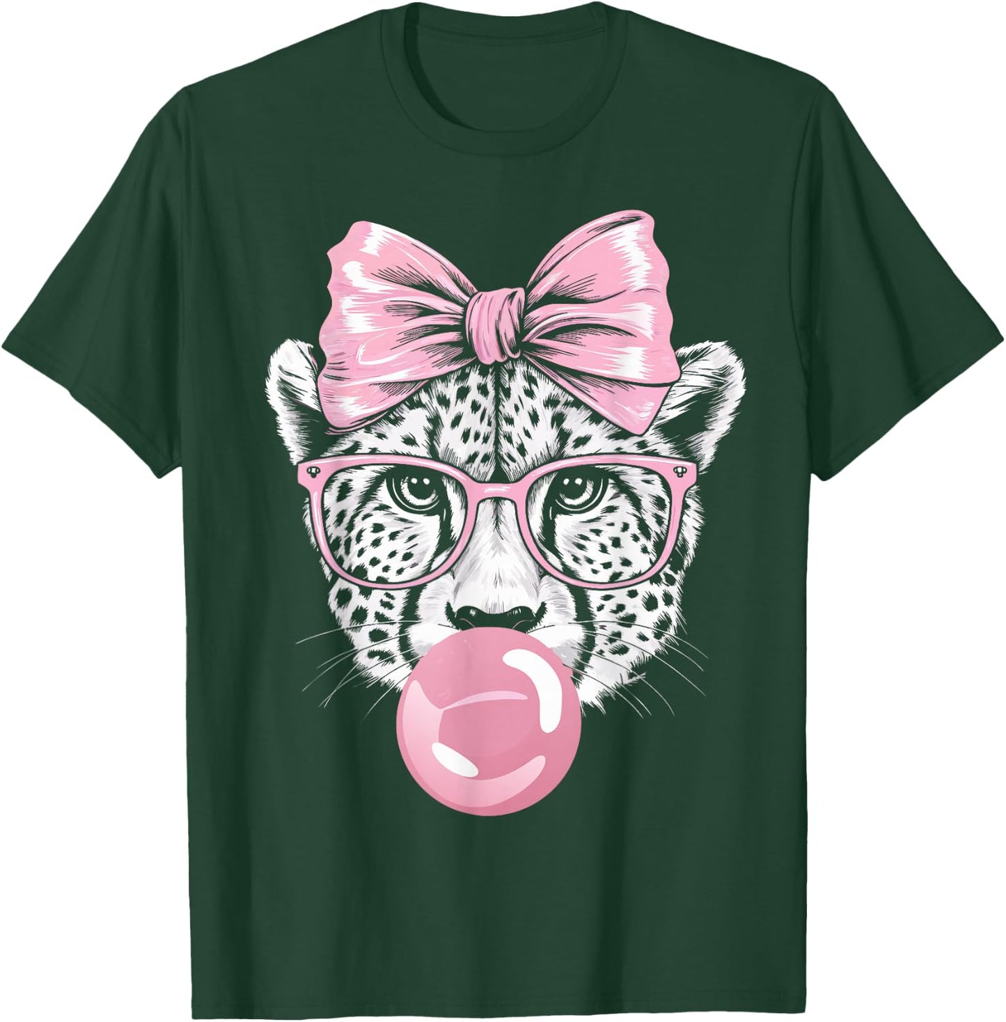 Cheetah Wearing Glasses and Blowing Pink Bubble Gum T-Shirt - T-Shirt | Forest