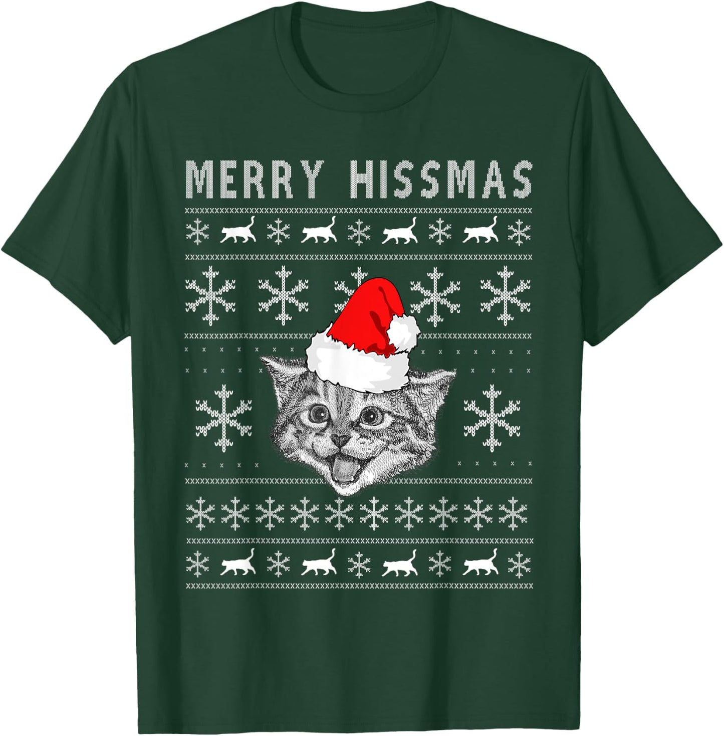 Merry Hissmas Ugly Christmas Cat Wearing Santa Hat Men Women Kids T-Shirt - T-Shirt | Forest