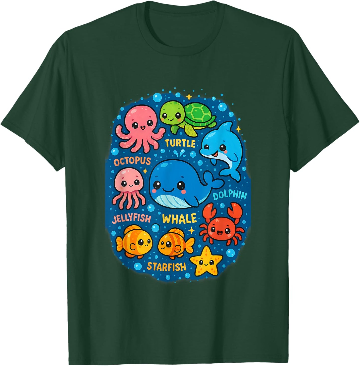 Kawaii Ocean Friends Whale & Sea Creatures Circle Cute T-Shirt - T-Shirt | Forest