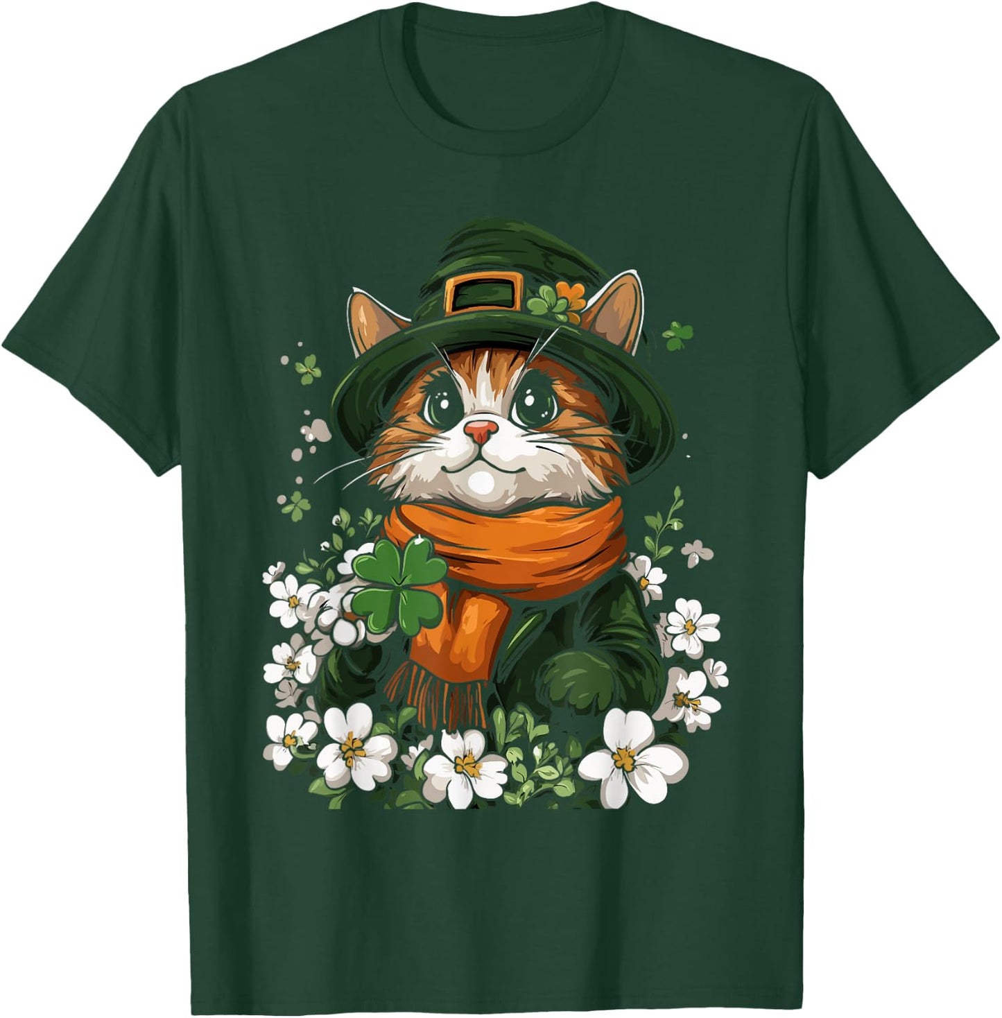 Leprechaun Cat Shamrock Girls Boys Kids St Patricks Day Cat T-Shirt - T-Shirt | Forest