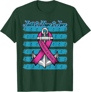 Pink Ribbon Faith Hope Love Anchored In Christ Breast Cancer T-Shirt - T-Shirt | Forest