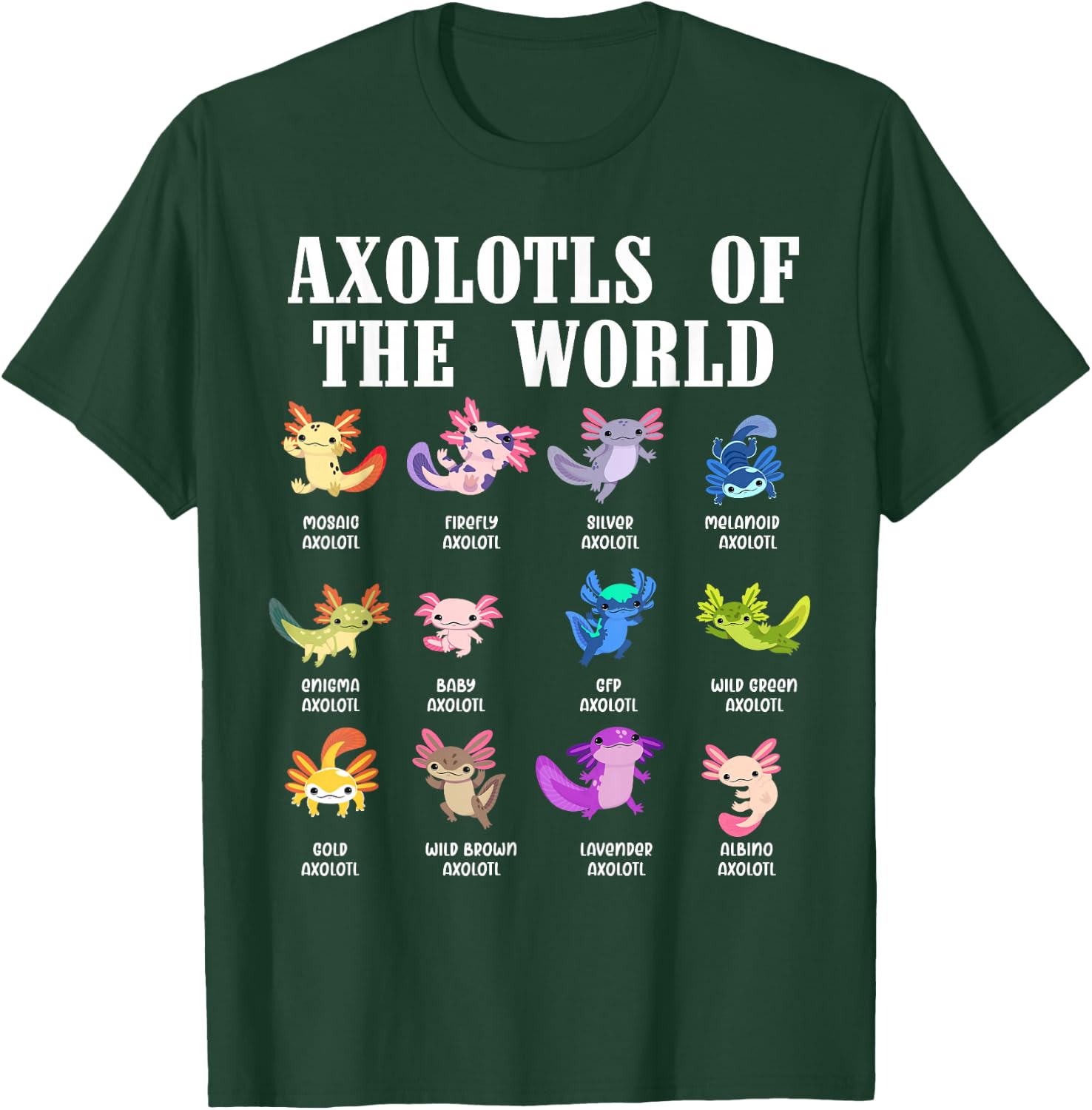 Axolotls of the World Mexican Salamander Chart Amphibian T-Shirt - T-Shirt | Forest