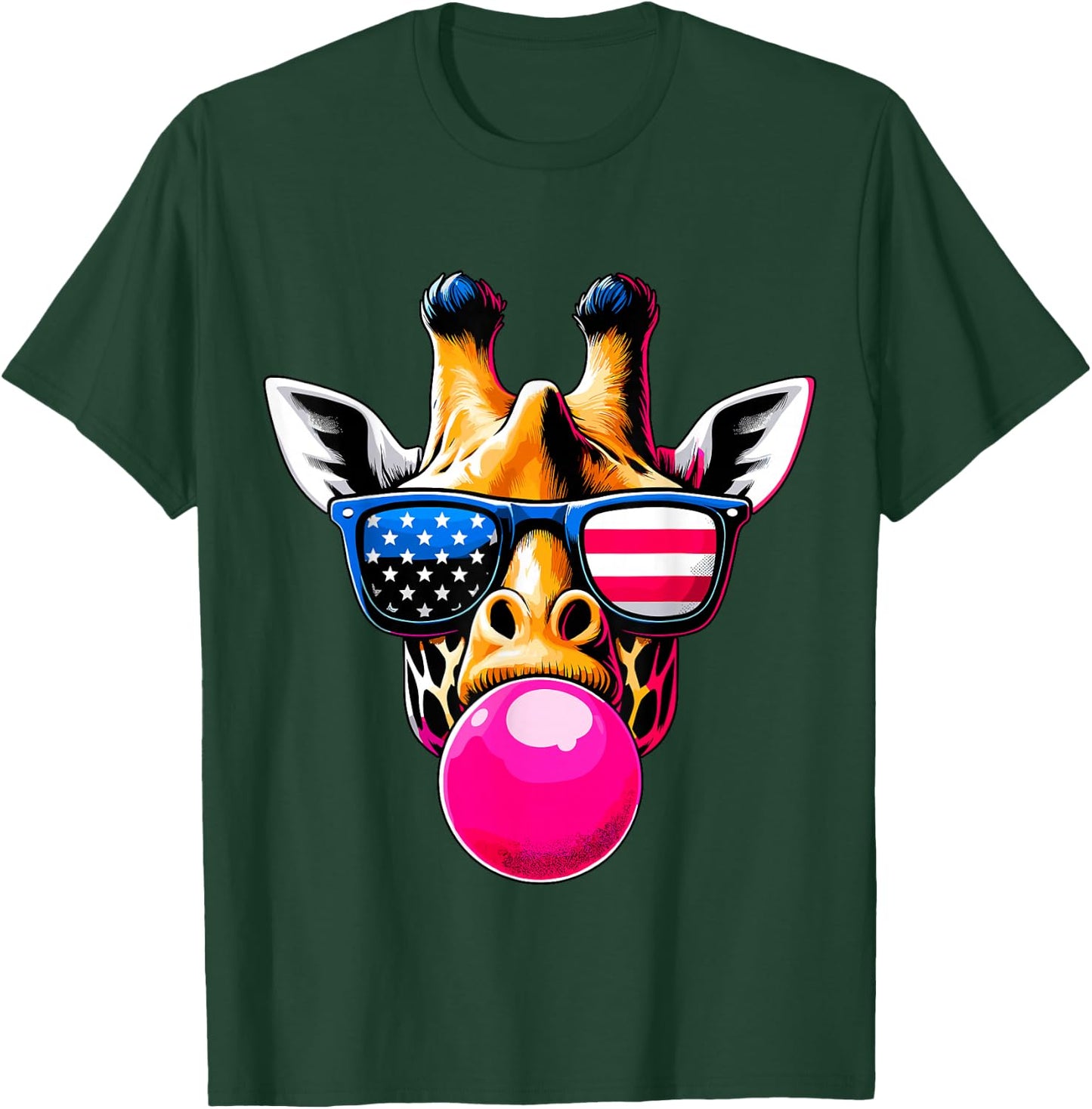 Giraffe with USA Glasses and Bubblegum 4th of July T-Shirt - T-Shirt | Forest