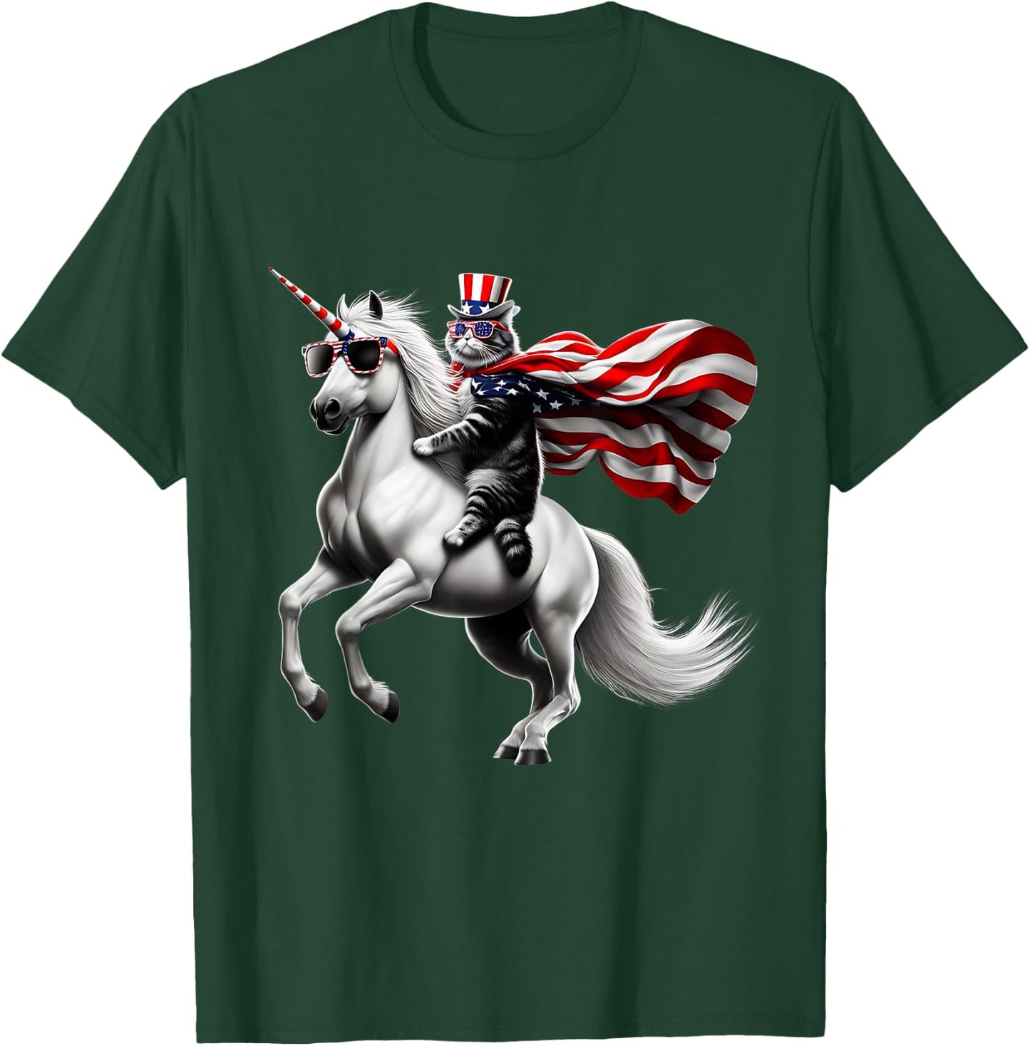 Cat riding Unicorn usa flag Patriotic 4th of July T-Shirt - T-Shirt | Forest