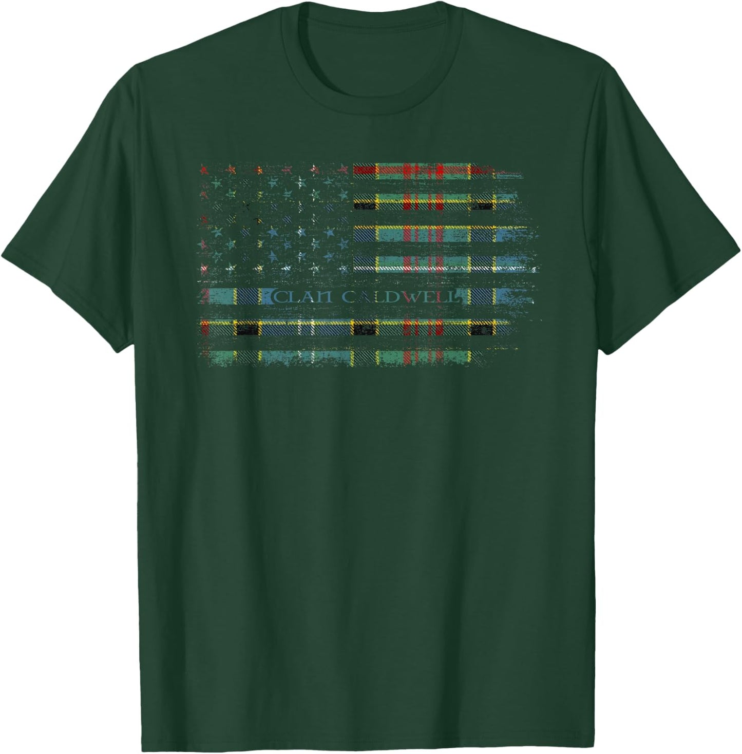 Clan Caldwell Scottish tartan US flag kilt Scotland T-Shirt - T-Shirt | Forest