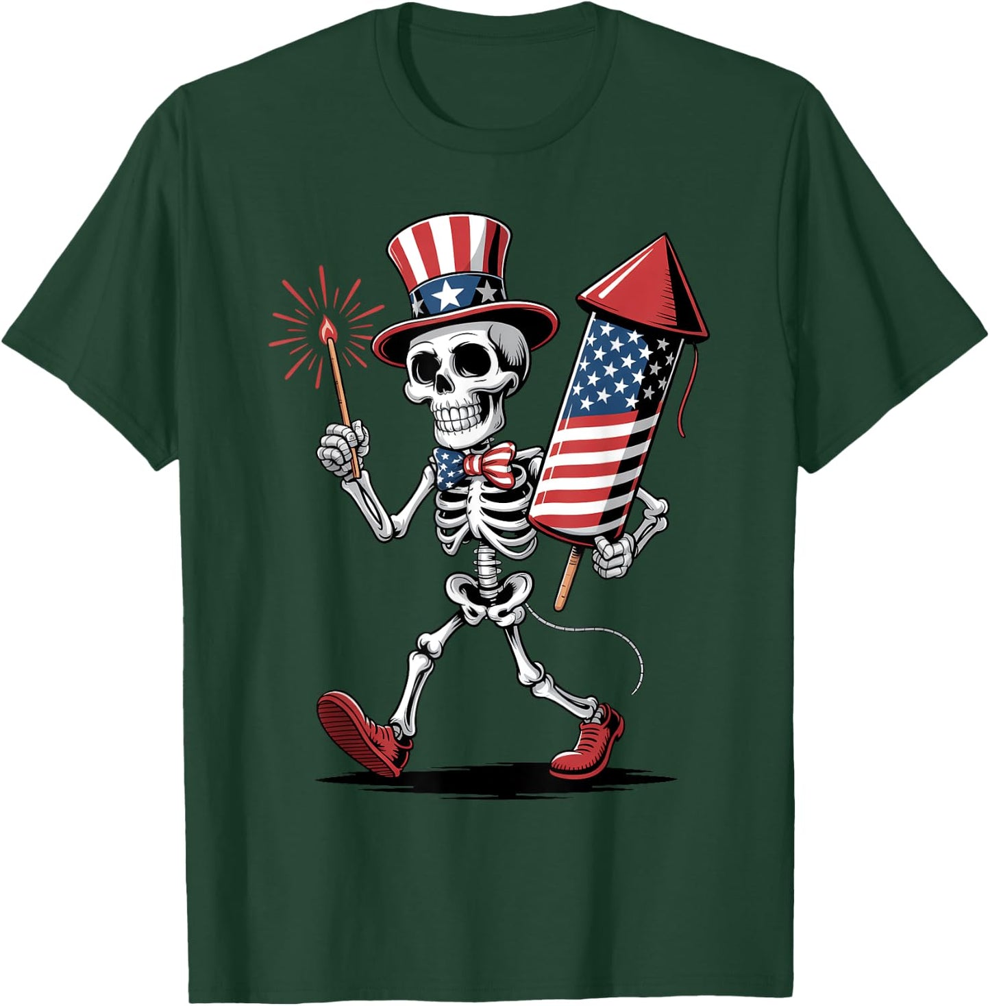Happy 4th Of July Skeleton Holding Fireworks American Flag T-Shirt - T-Shirt | Forest