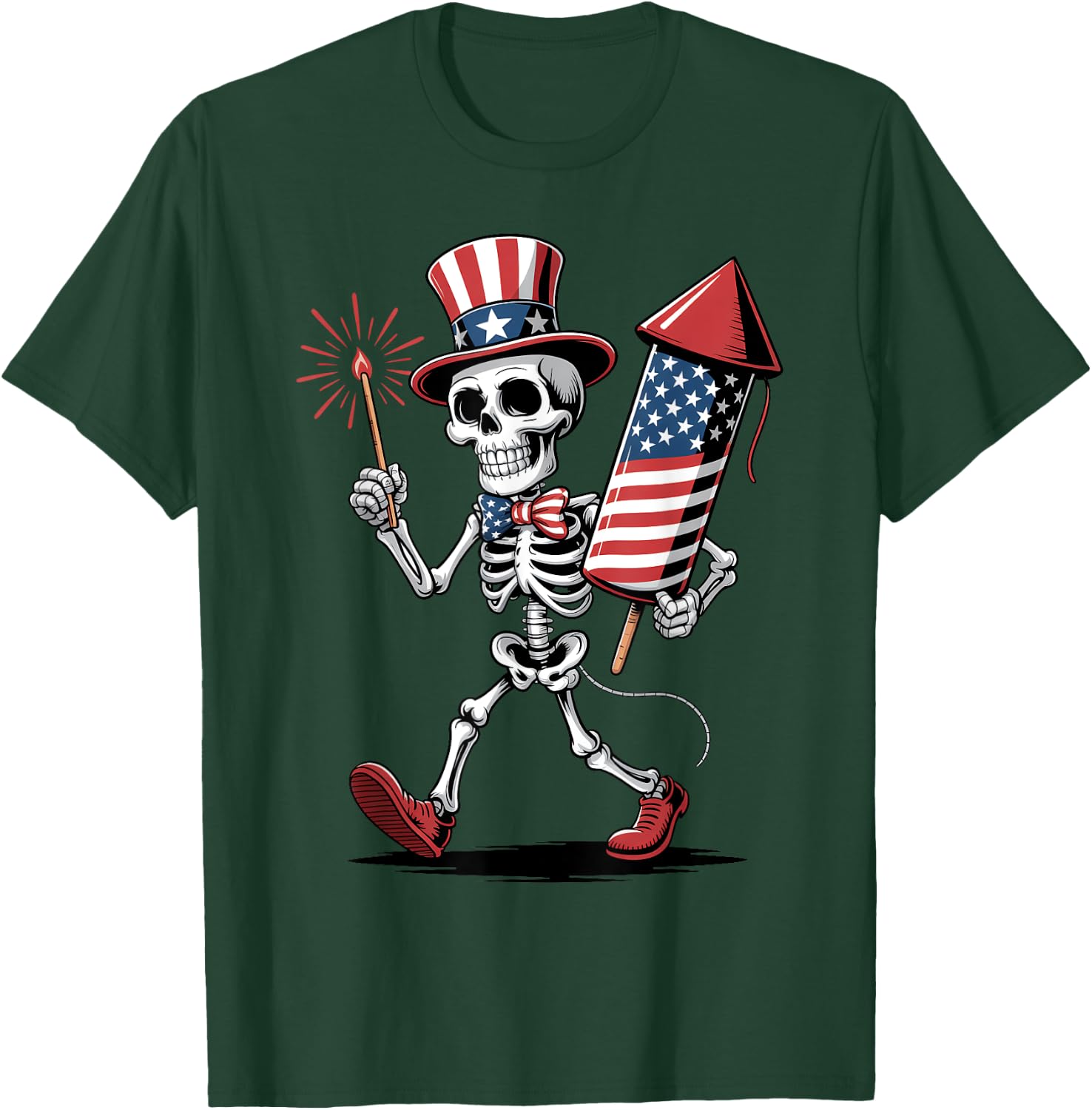 Happy 4th Of July Skeleton Holding Fireworks American Flag T-Shirt - T-Shirt | Forest