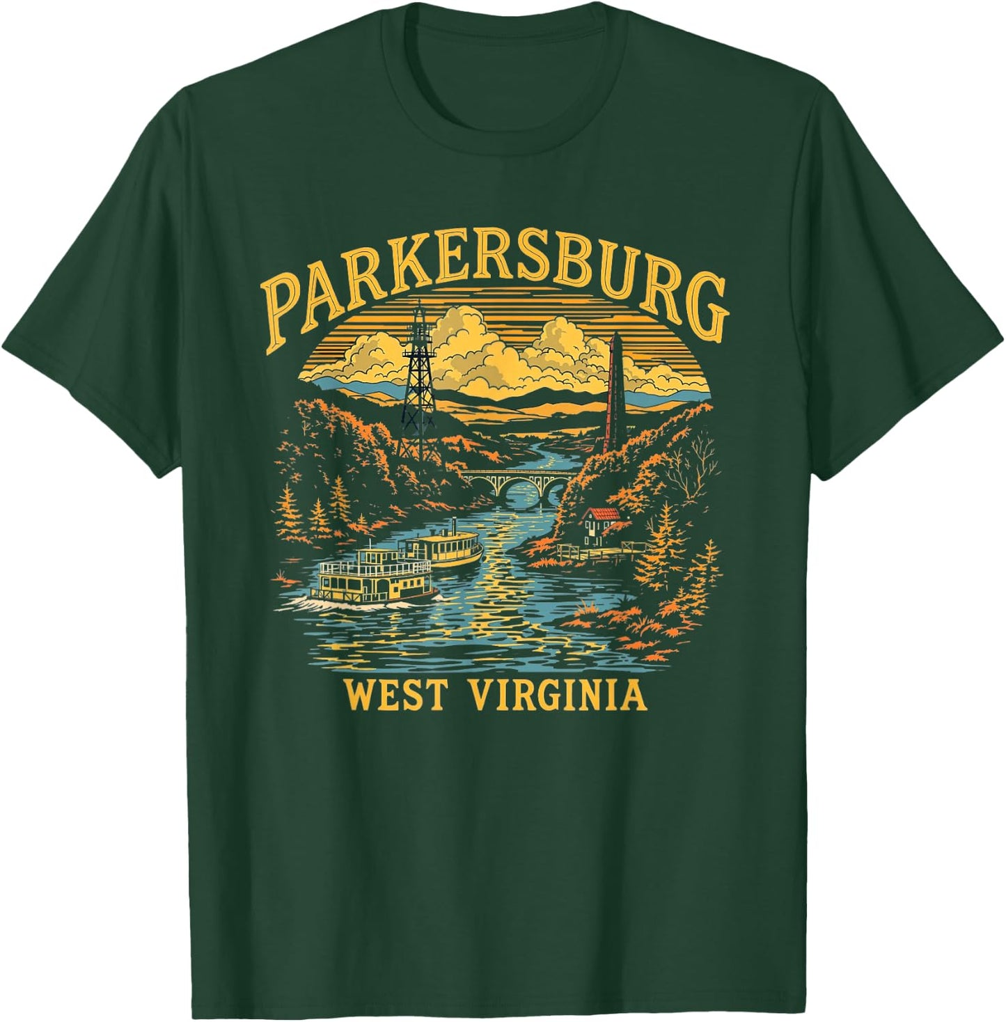 Vintage Parkersburg West Virginia Sunset Skyline Cityscape T-Shirt - T-Shirt | Forest
