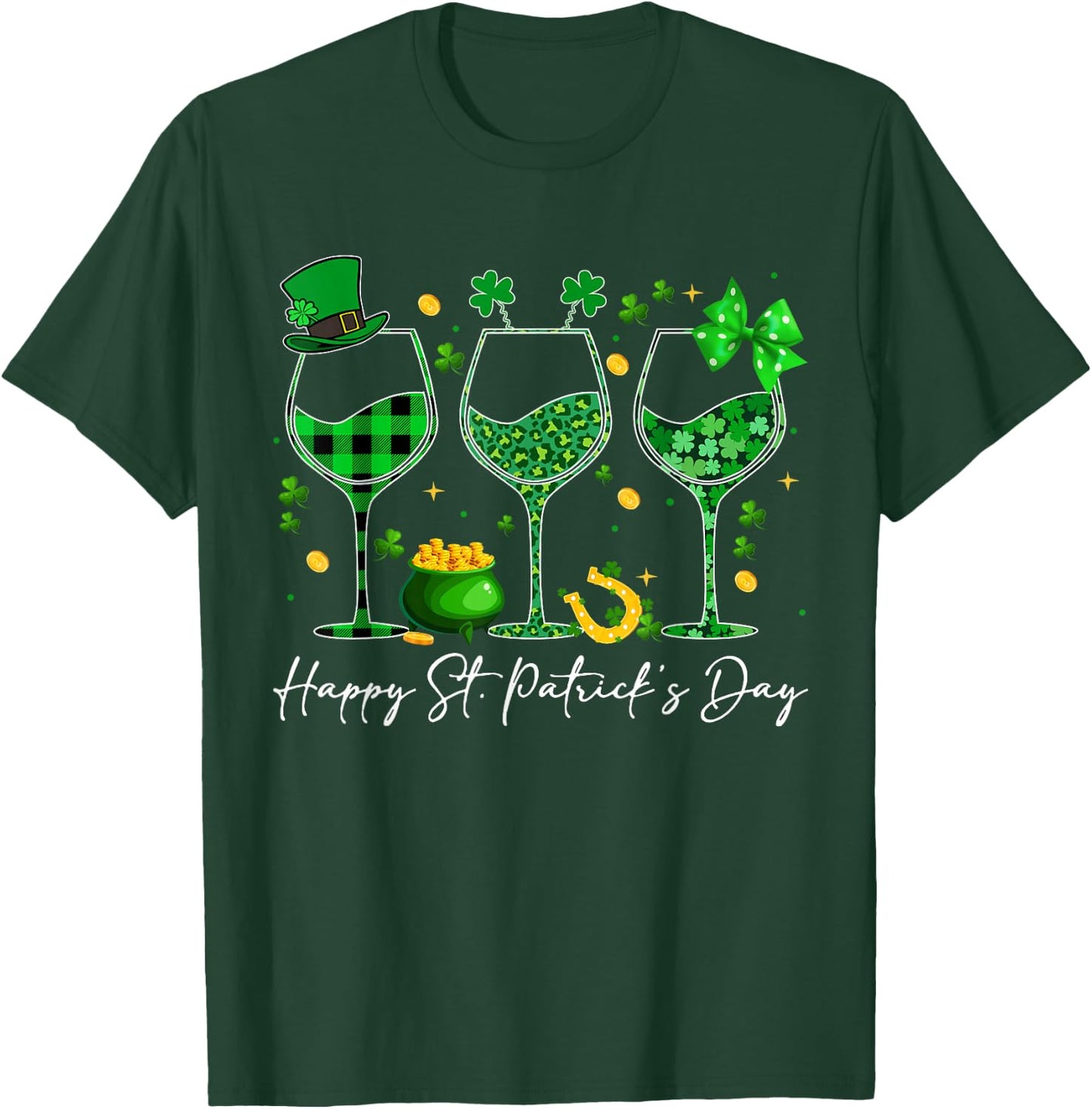 Wine St Patricks Day Leopard Green Shamrock Wine Glasses T-Shirt - T-Shirt | Forest