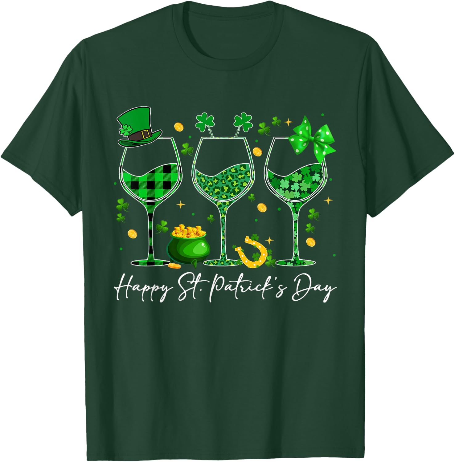 Wine St Patricks Day Leopard Green Shamrock Wine Glasses T-Shirt - T-Shirt | Forest