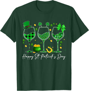 Wine St Patricks Day Leopard Green Shamrock Wine Glasses T-Shirt - T-Shirt | Forest