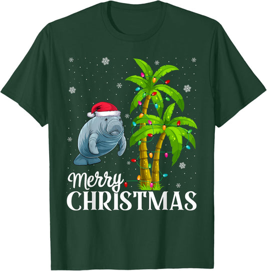 Manatee Lovers Men Women Christmas Tree Lights Beach T-Shirt - T-Shirt | Forest