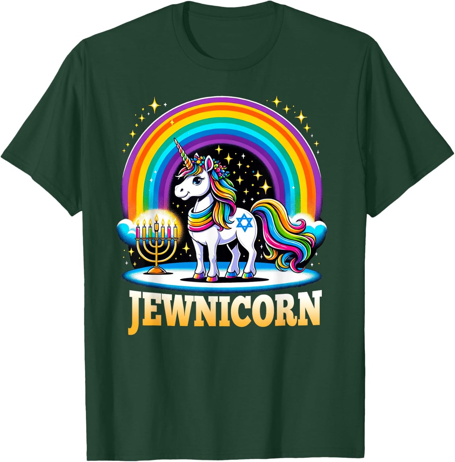 Jewnicorn Jewish Pride Unicorn Menorah Rainbow T-Shirt - T-Shirt | Forest