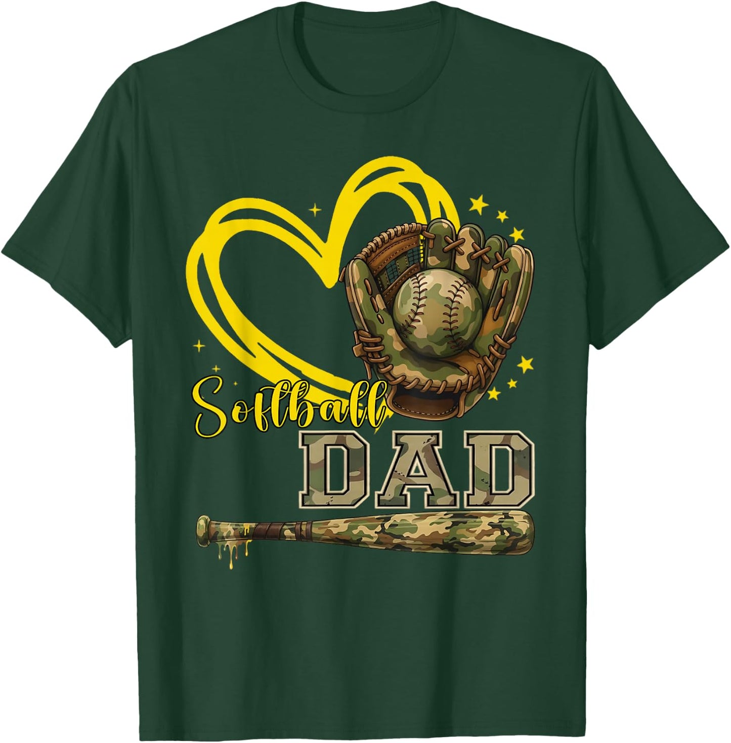 Softball Dad Camo Heart Father Daddy Papa Family Pride T-Shirt - T-Shirt | Forest