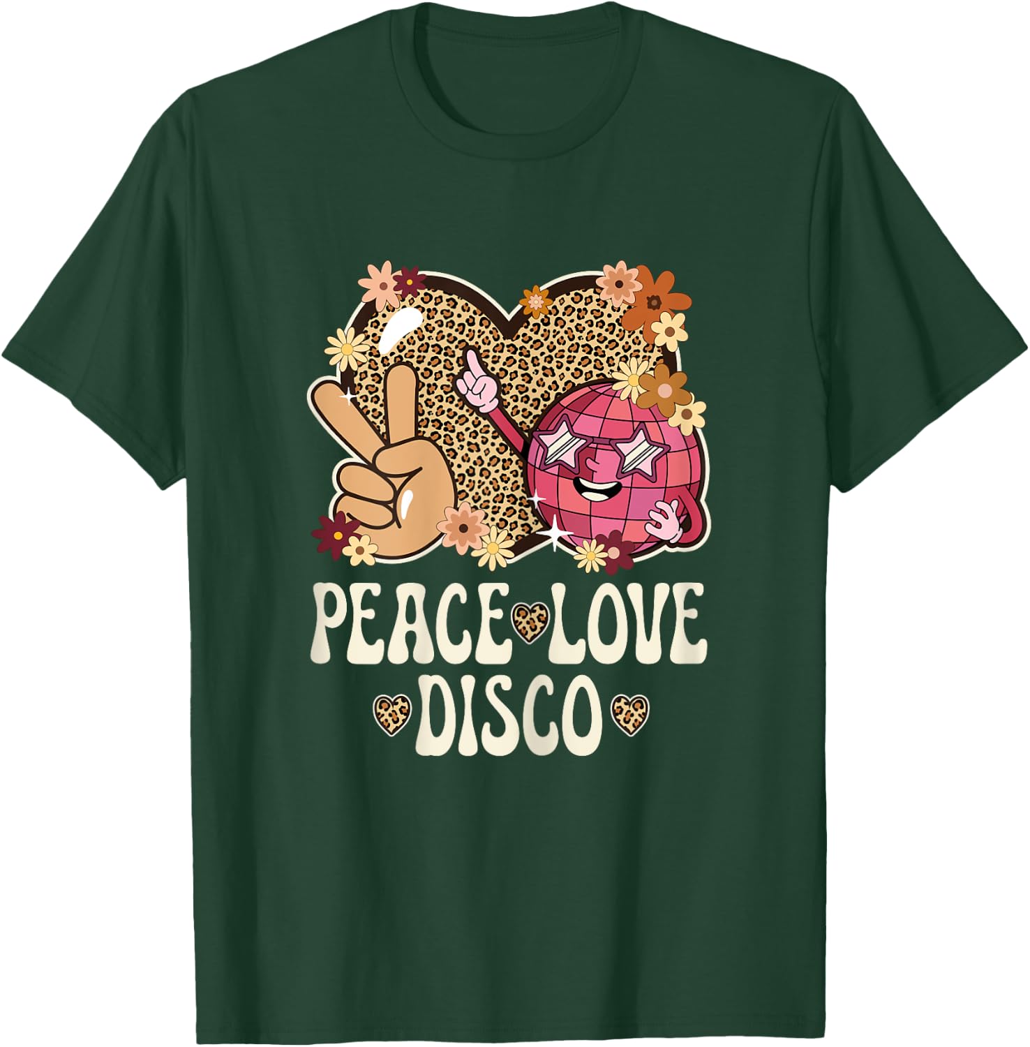 Peace Love Disco Outfit Leopard Print Women Girls 70s Disco T-Shirt - T-Shirt | Forest
