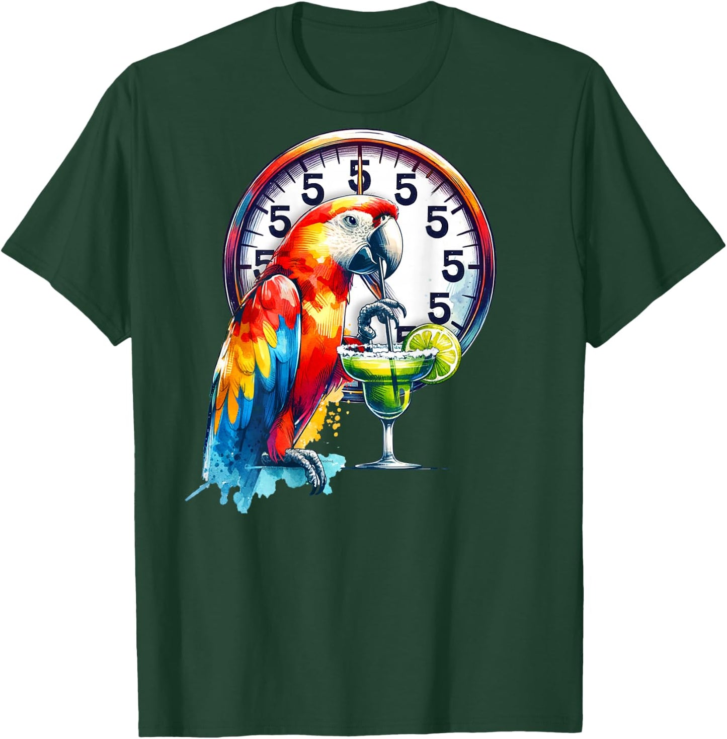 On Back Always 5 O'clock Colorful Parrot Drinking Margarita T-Shirt - T-Shirt | Forest