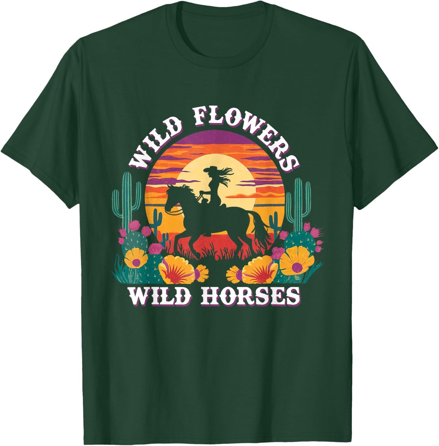 Girl Horse Riding Wild Flowers Wild Horses Sunset Cowgirl T-Shirt - T-Shirt | Forest